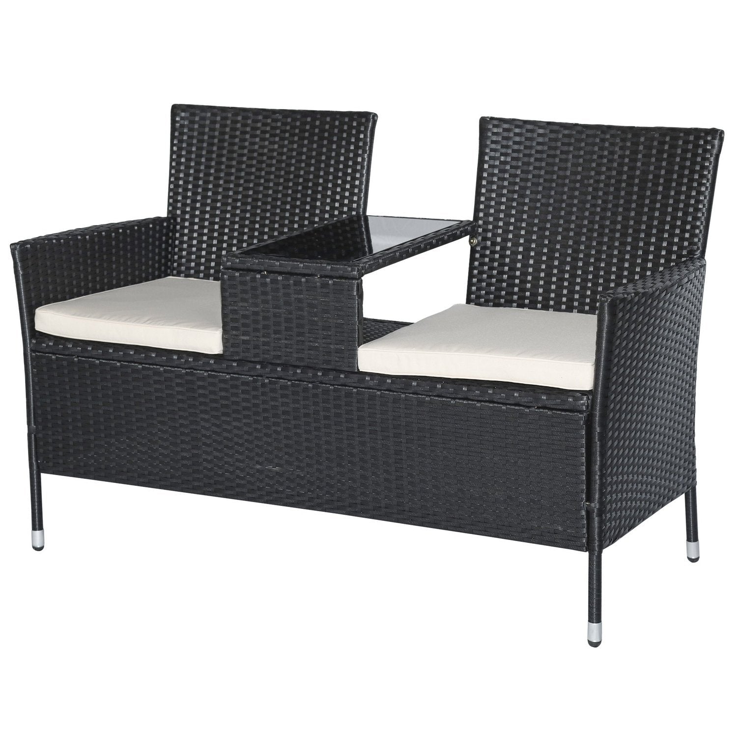 Polyrattan Trädgårdsbänk Trädgårdssoffa Bänk Med Bord 2-Sits Stål Svart B133 X D63 X H84Cm