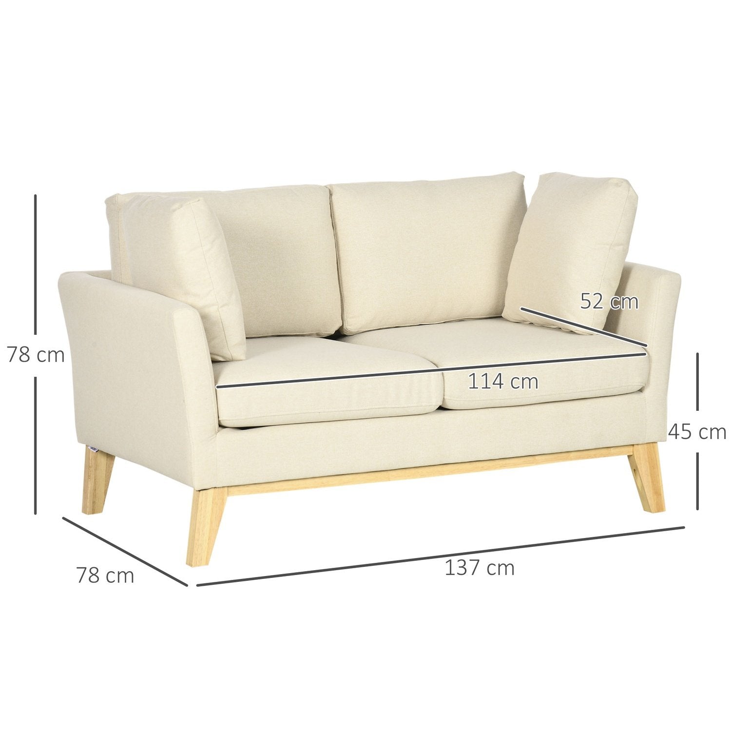 2-personers sofa Dobbeltsofa i hørlook, 2-personers med hynder, Loveseat med træben, op til 150 kg, beige, 137 x 78 x 78 cm