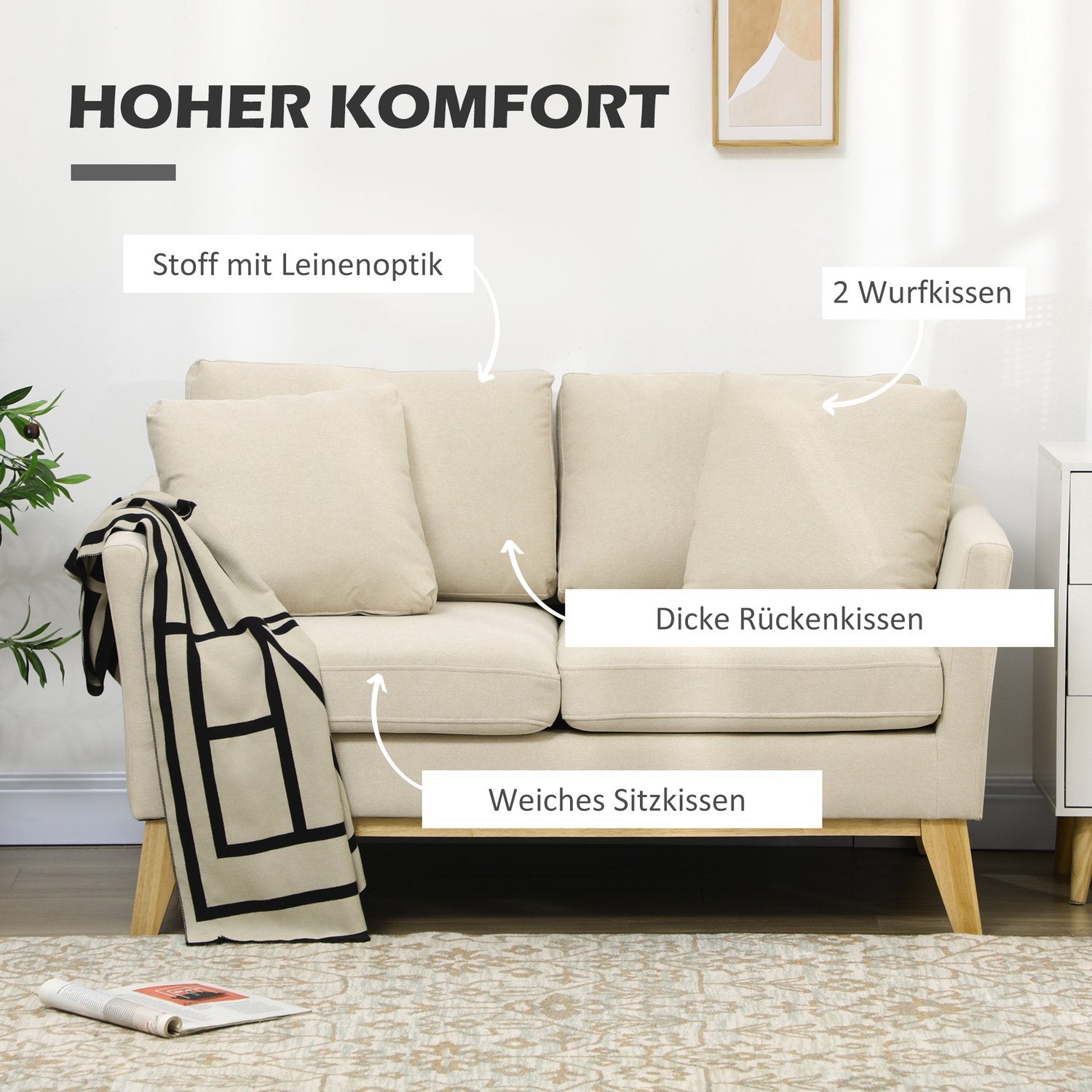 2-personers sofa Dobbeltsofa i hørlook, 2-personers med hynder, Loveseat med træben, op til 150 kg, beige, 137 x 78 x 78 cm