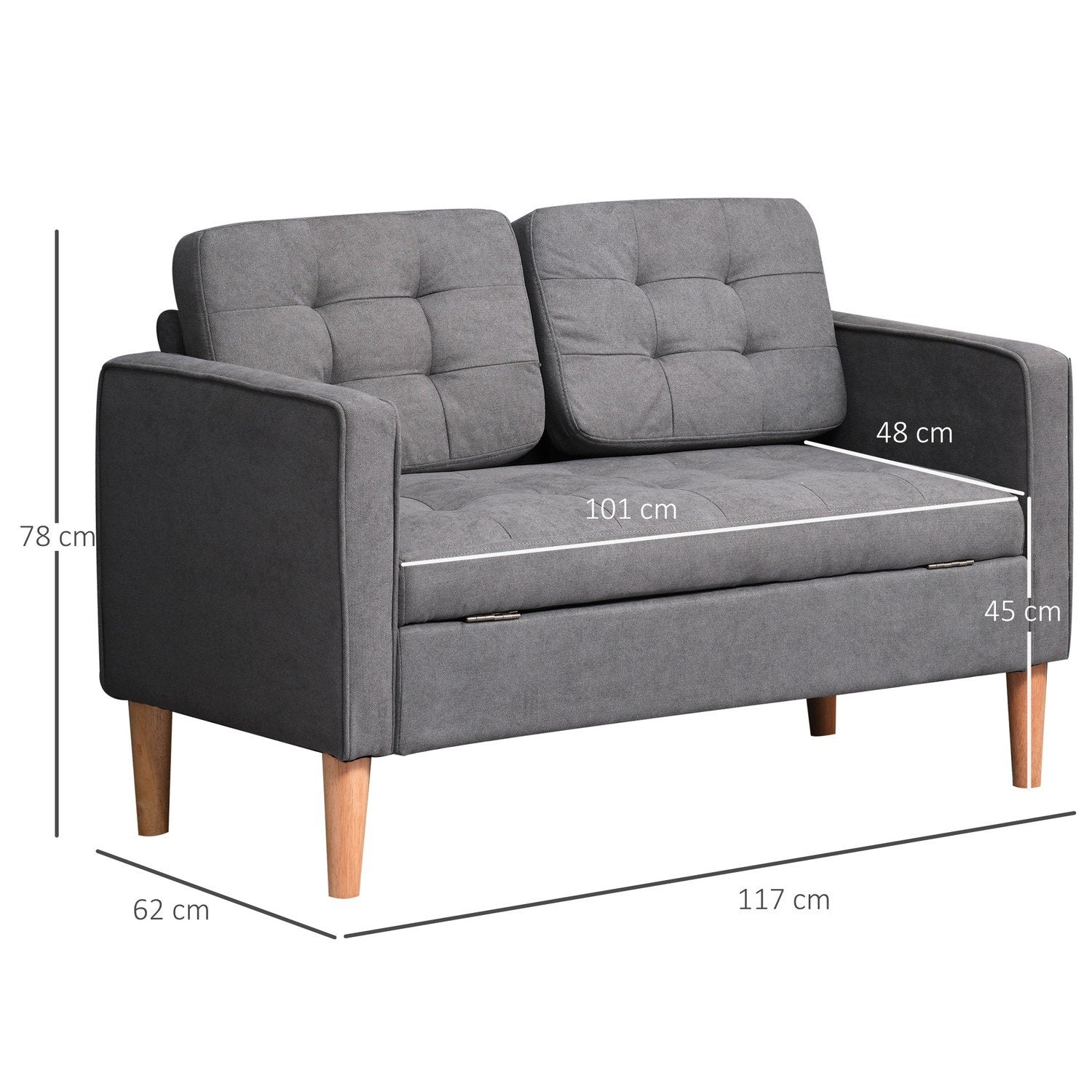 2-Pers Sofa Stof Sofa Dobbelt Sofa Aftagelig Med Puder Gummi Træ Bomuld Grå 117 X 62 X 78 Cm