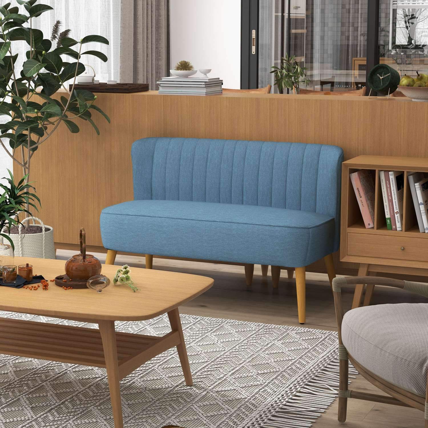 2-personers sofa, Loveseat med hørlook, dobbelt sofa med træben, bæreevne op til 150 kg, blå, 117 x 56,5 x 77 cm