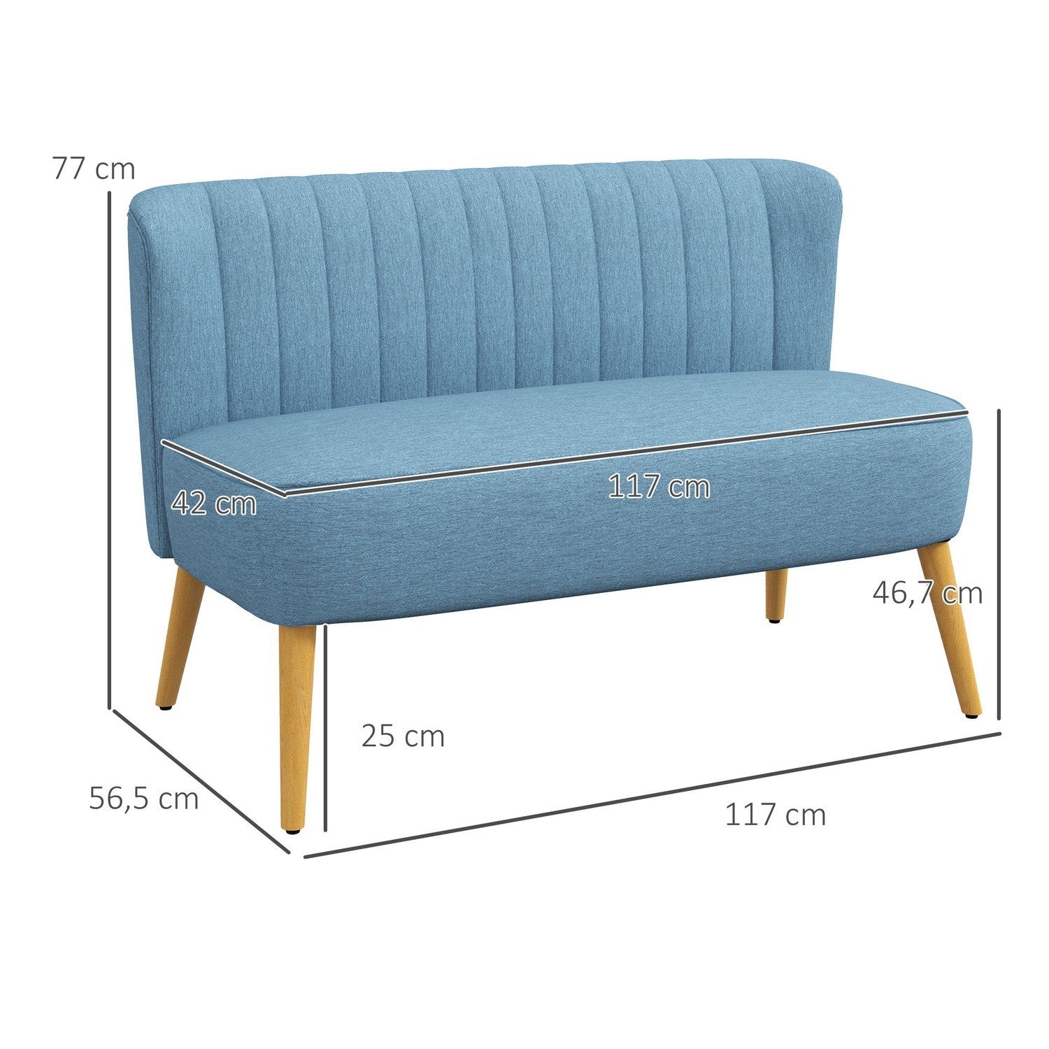 2-personers sofa, Loveseat med hørlook, dobbelt sofa med træben, bæreevne op til 150 kg, blå, 117 x 56,5 x 77 cm