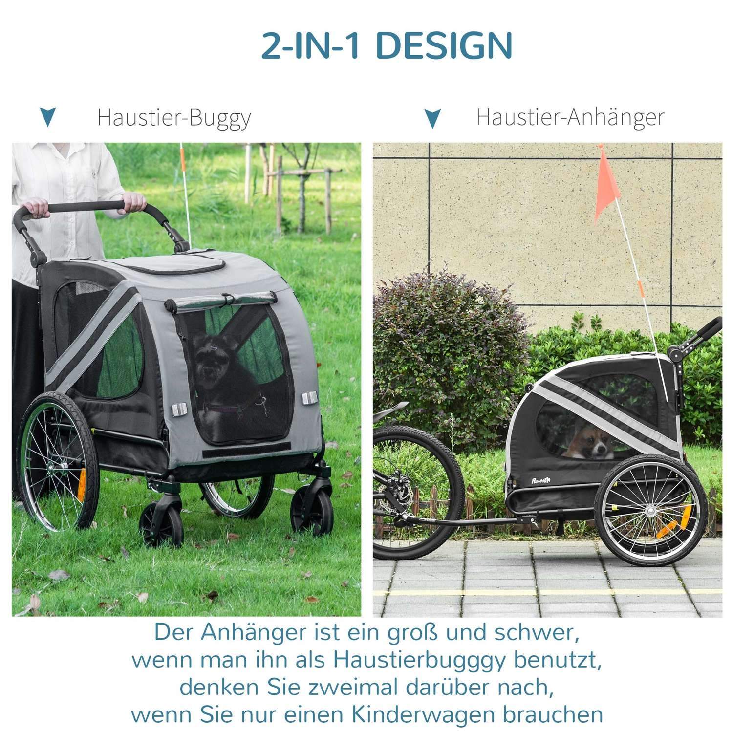 Hundsläp & Hundvagn 2-I-1 Hundcykelvagn Med Reflektorer, För Medelstora Hundar Upp Till 20 Kg, Oxford-Tyg, Grå