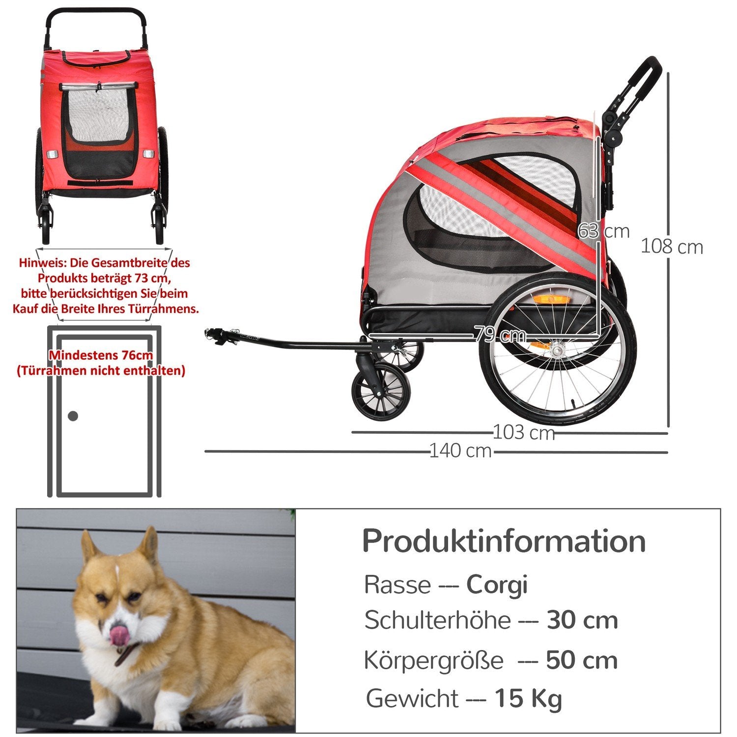 2-i-1 hundetrailer &amp; hundeklapvogn, hundecykelklapvogn, cykelklapvogn, med reflekser til mellemstore hunde op til 20 kg, Oxford stof