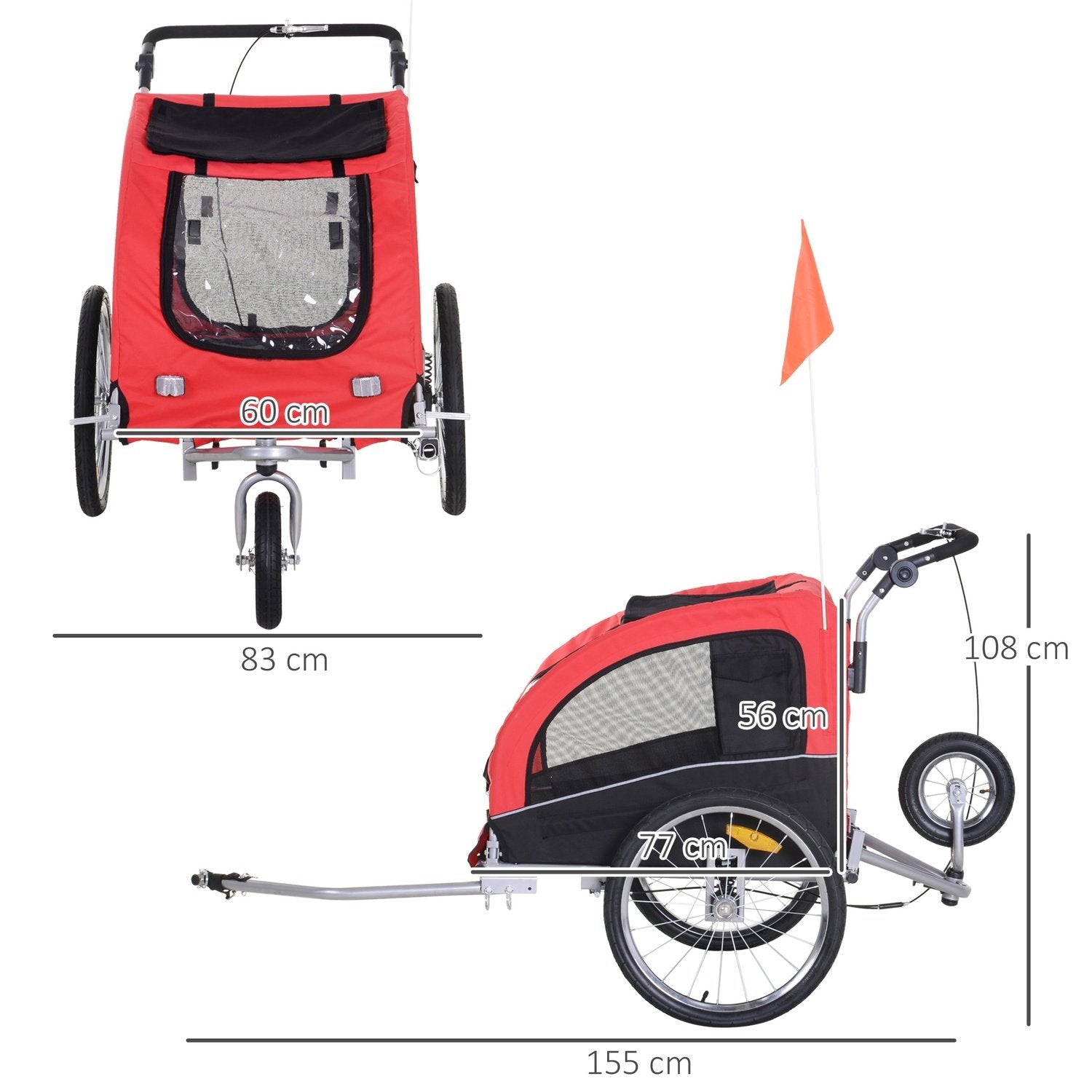 Hundetrailer Jogger Cykeltrailer Hundecykelanhænger Rød+Sort 155 X 83 X 108 Cm