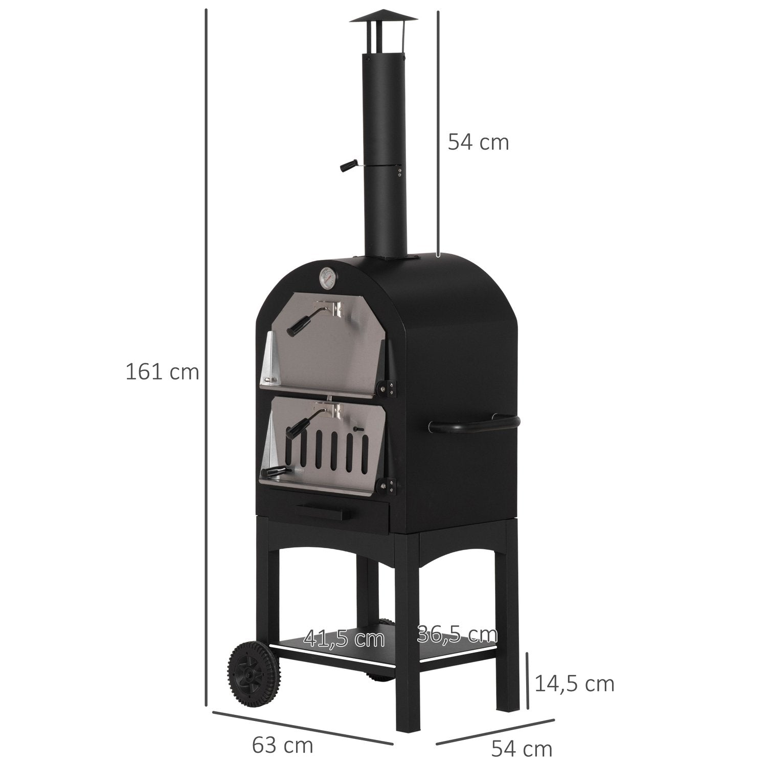 Pizzaugn Utomhus 2-I-1 Med Hjul, Grillugn, Skyddskåpa, Pizzaspade, 2 Grillnät, 3-Vånings Vedeldad Ugn, 63X54X161Cm