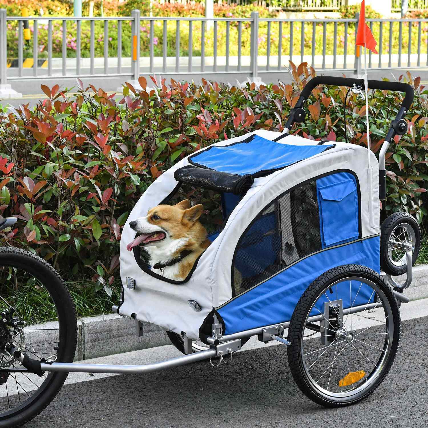 2 I 1 Hundsläp Jogger Cykelsläp Hundcykelvagn Blå + Grå 155 X 83 X 108 Cm