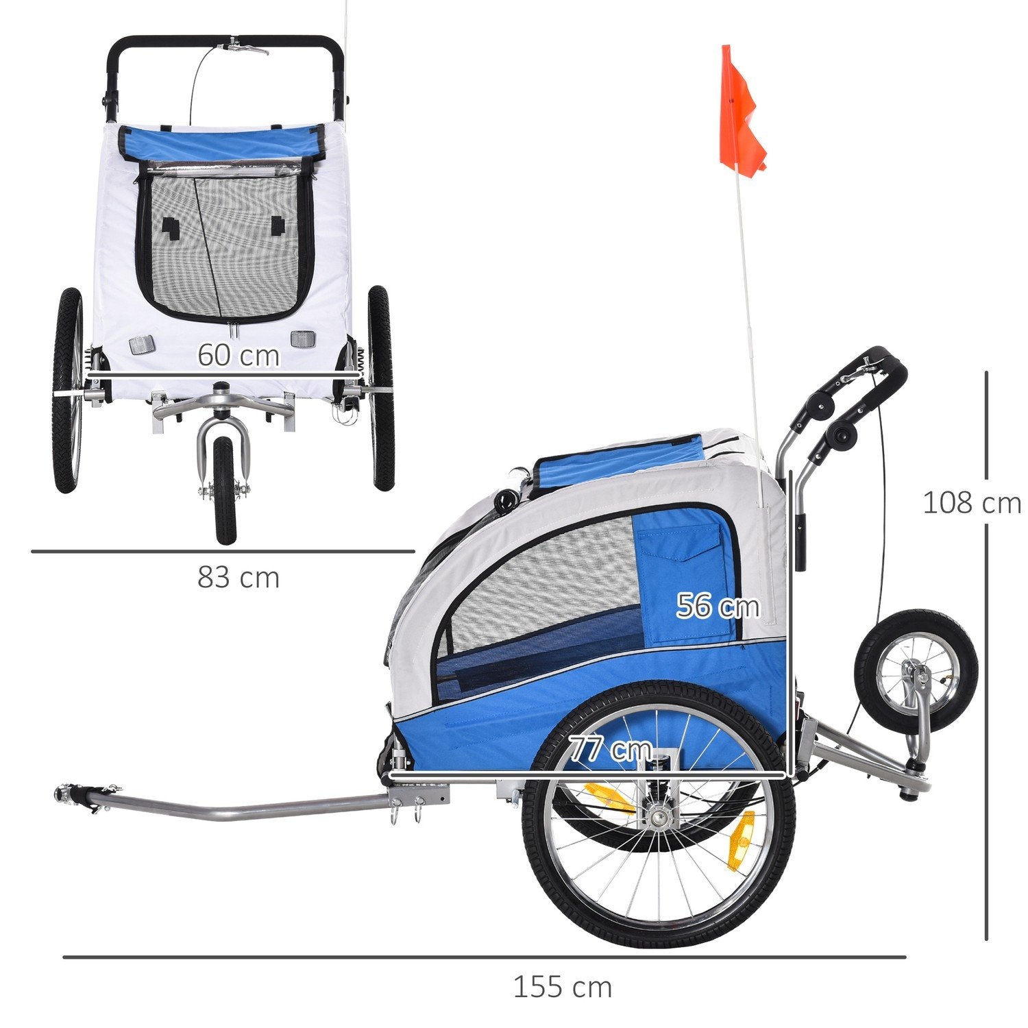 2 I 1 Hundsläp Jogger Cykelsläp Hundcykelvagn Blå + Grå 155 X 83 X 108 Cm