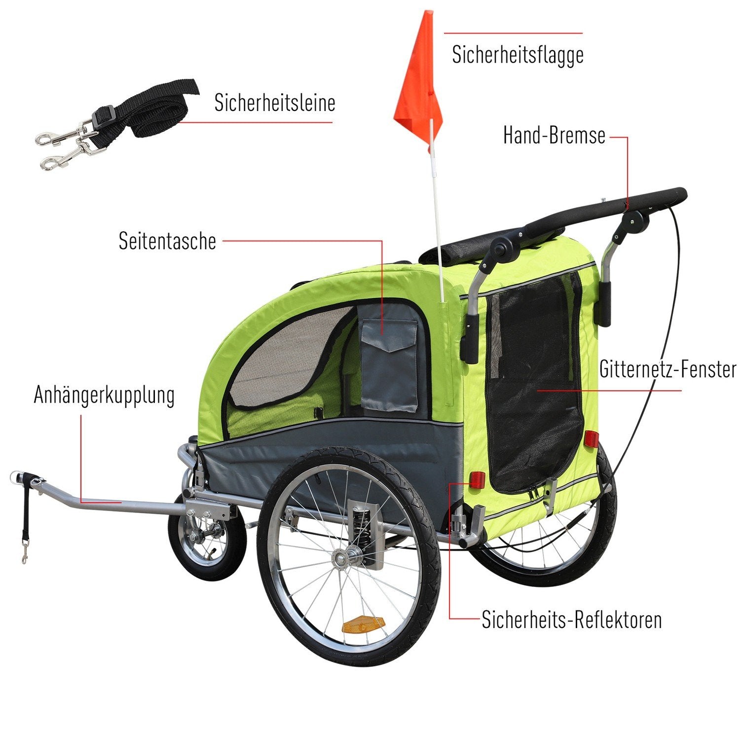 Dog Trailer Jogger Cykelsläp För Hundar, Stor & Stabil, Med Säkerhetsflagga, Grön+Grå, 155X83X108Cm