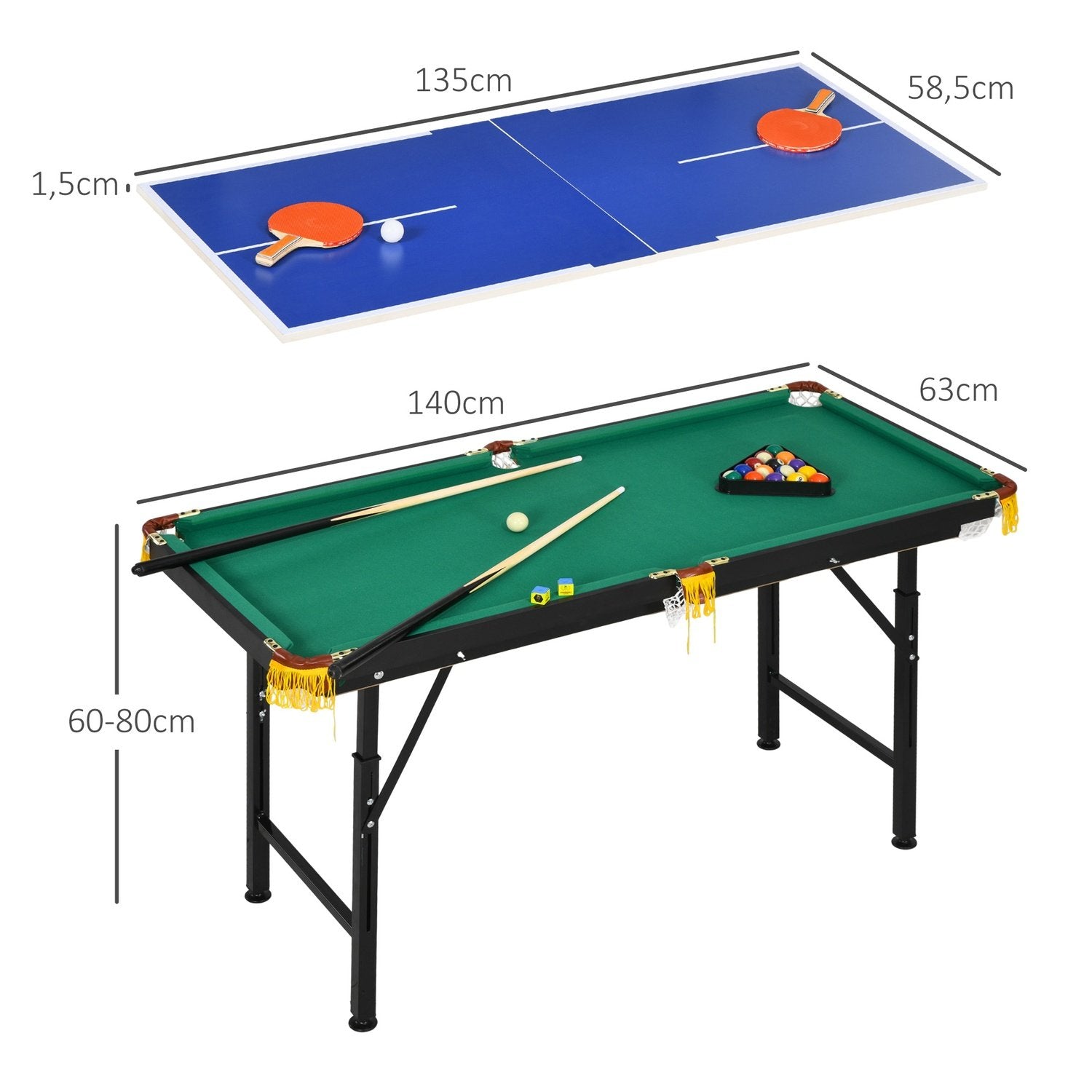 Multigame Spillebord 2-i-1 Multifunktionel Bordtennis Billard Tilbehør Børn Teenagere Voksne Stål 140X63X60-80Cm Grøn