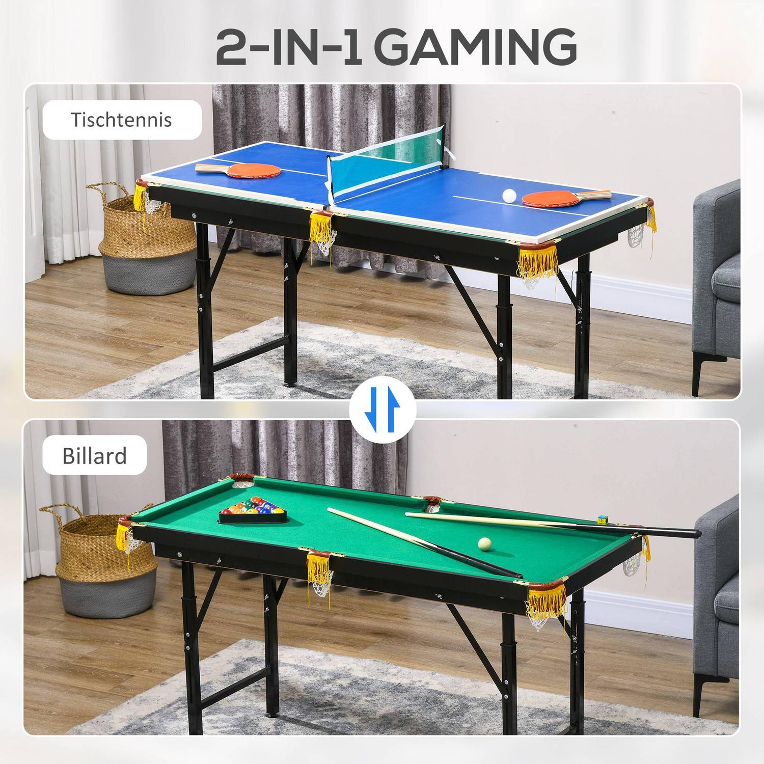 Multigame Spillebord 2-i-1 Multifunktionel Bordtennis Billard Tilbehør Børn Teenagere Voksne Stål 140X63X60-80Cm Grøn