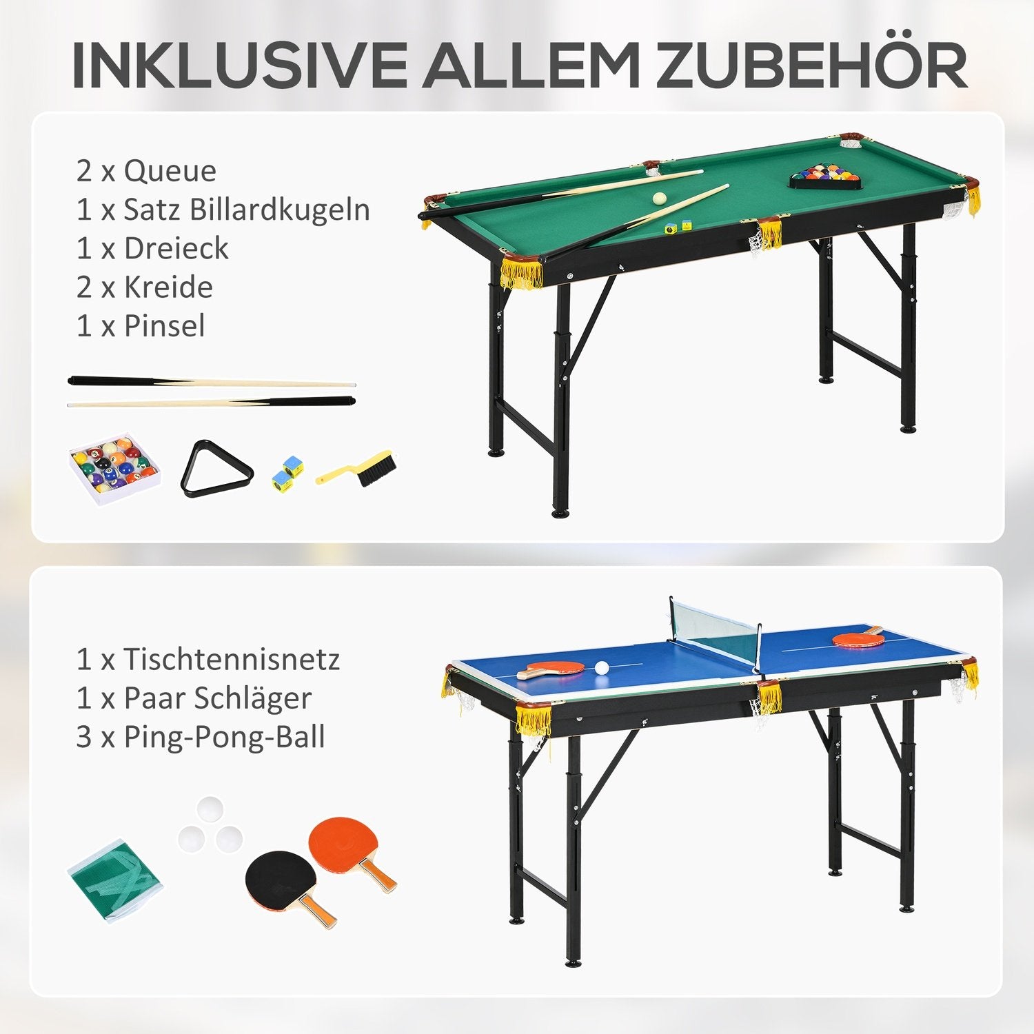 Multigame Spillebord 2-i-1 Multifunktionel Bordtennis Billard Tilbehør Børn Teenagere Voksne Stål 140X63X60-80Cm Grøn