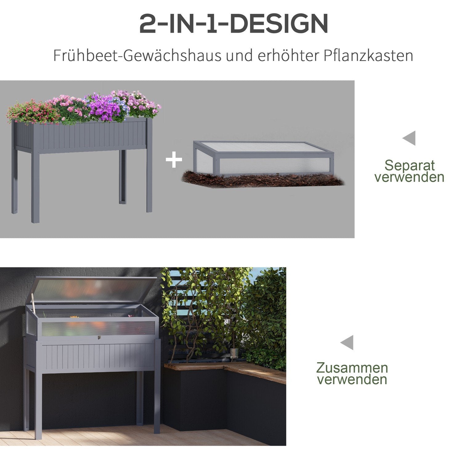 Højseng i træ med kold ramme 2-i-1 drivhus, tomathus, grøntsagsseng, polykarbonat, grå, 120X54X112/122 cm