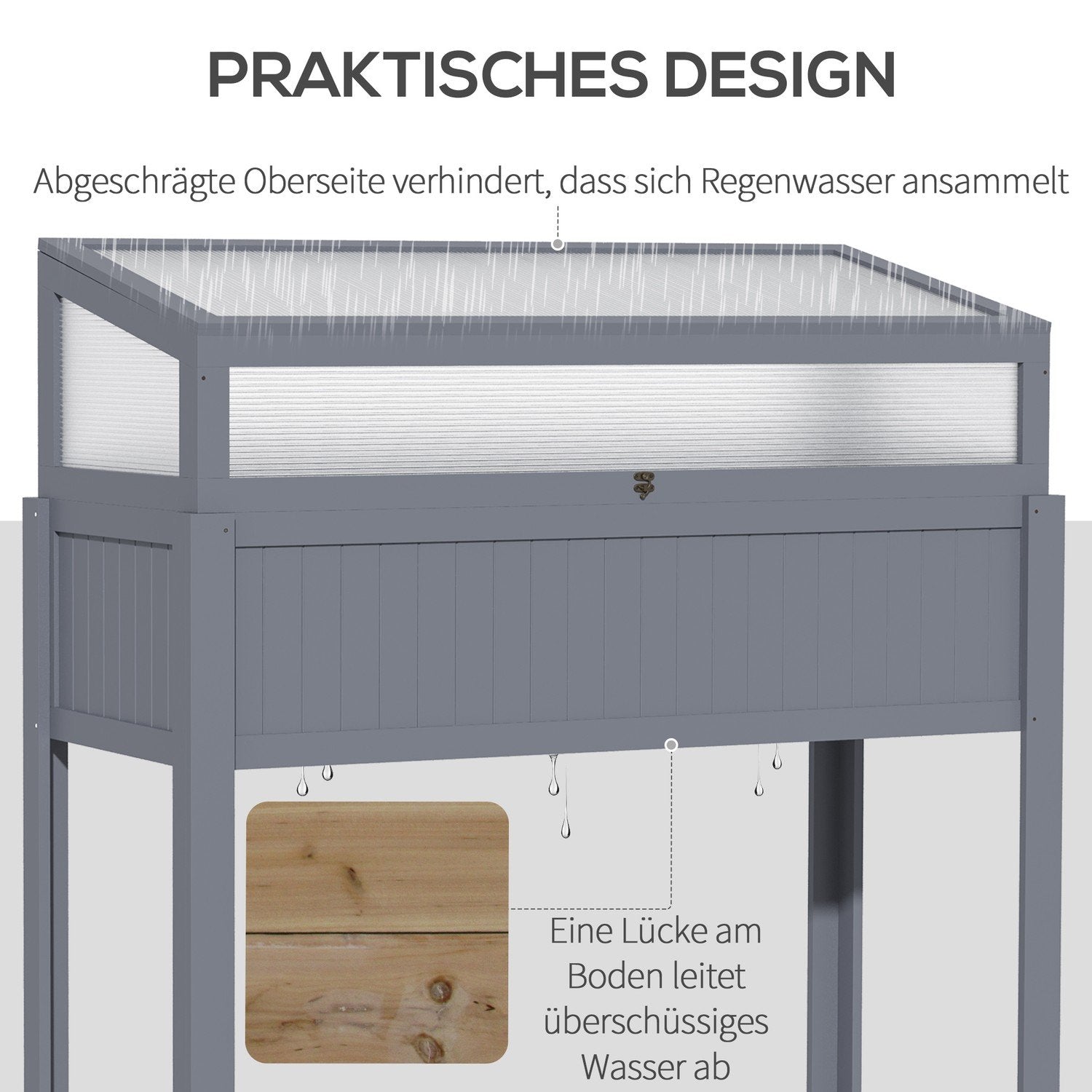 Højseng i træ med kold ramme 2-i-1 drivhus, tomathus, grøntsagsseng, polykarbonat, grå, 120X54X112/122 cm