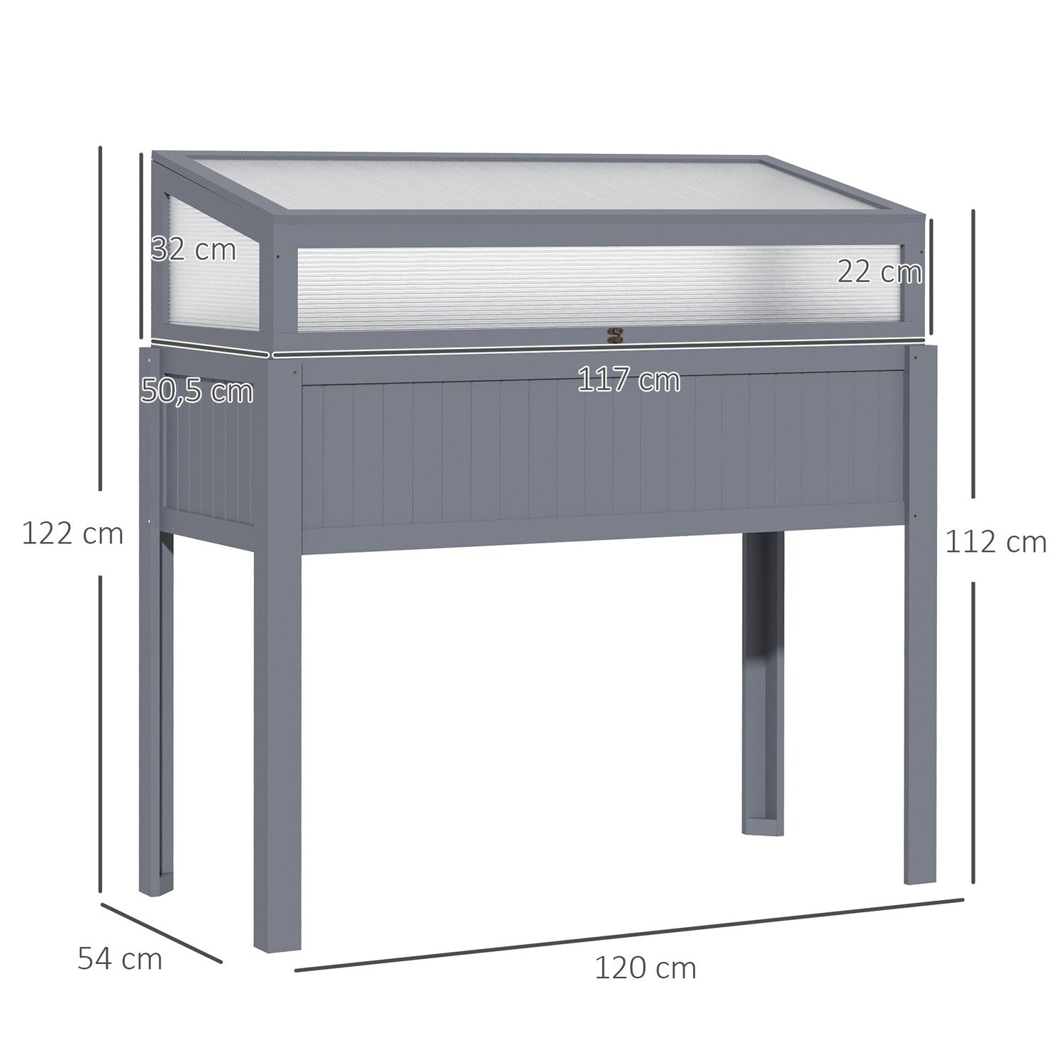 Højseng i træ med kold ramme 2-i-1 drivhus, tomathus, grøntsagsseng, polykarbonat, grå, 120X54X112/122 cm