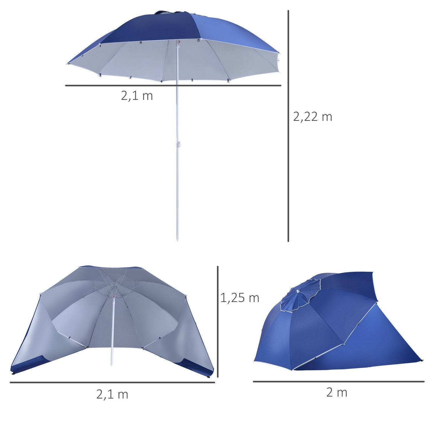 Parasol med forrude 2 i 1 parasol &amp; strandbetræk, blå, Φ210Xh222Cm