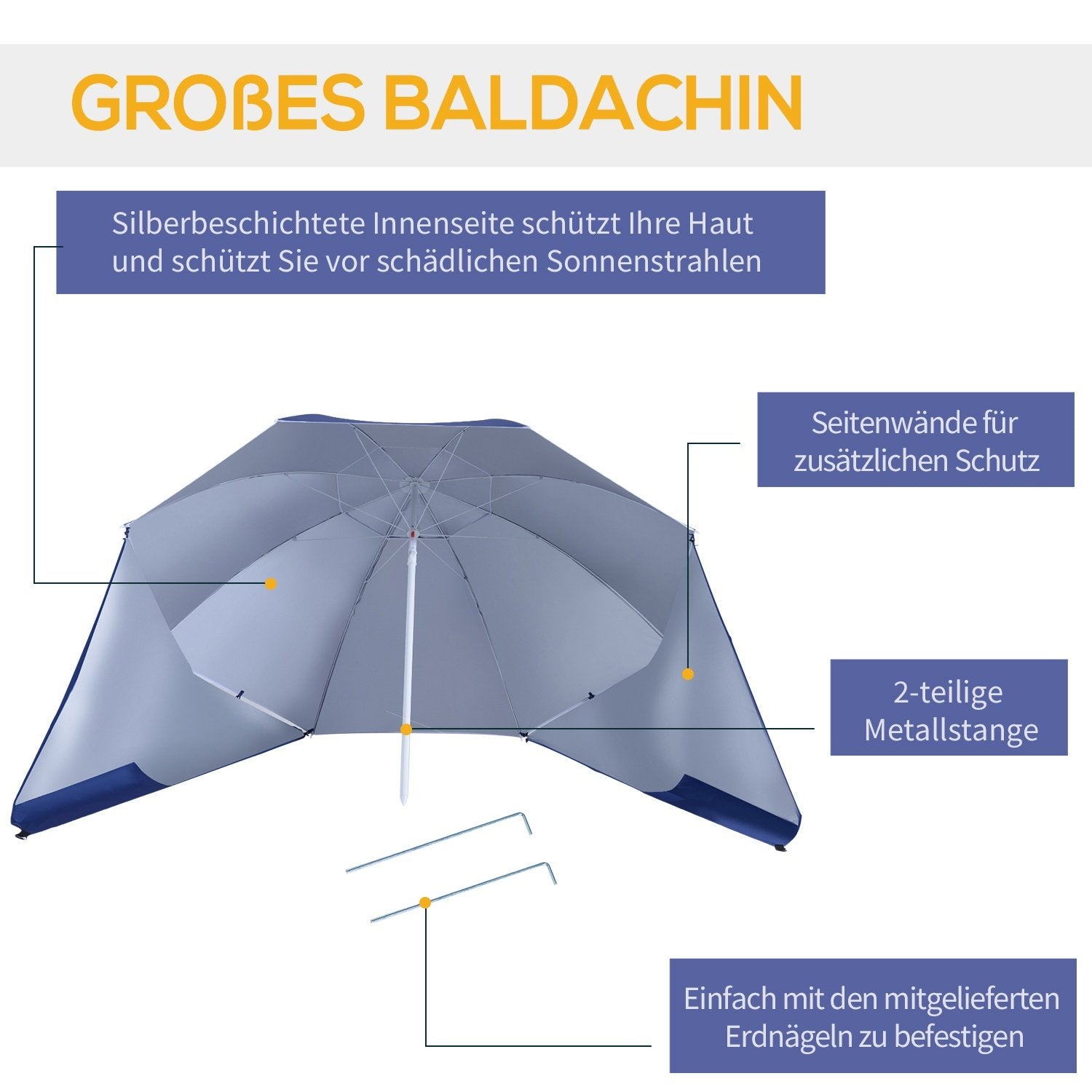 Parasol med forrude 2 i 1 parasol &amp; strandbetræk, blå, Φ210Xh222Cm