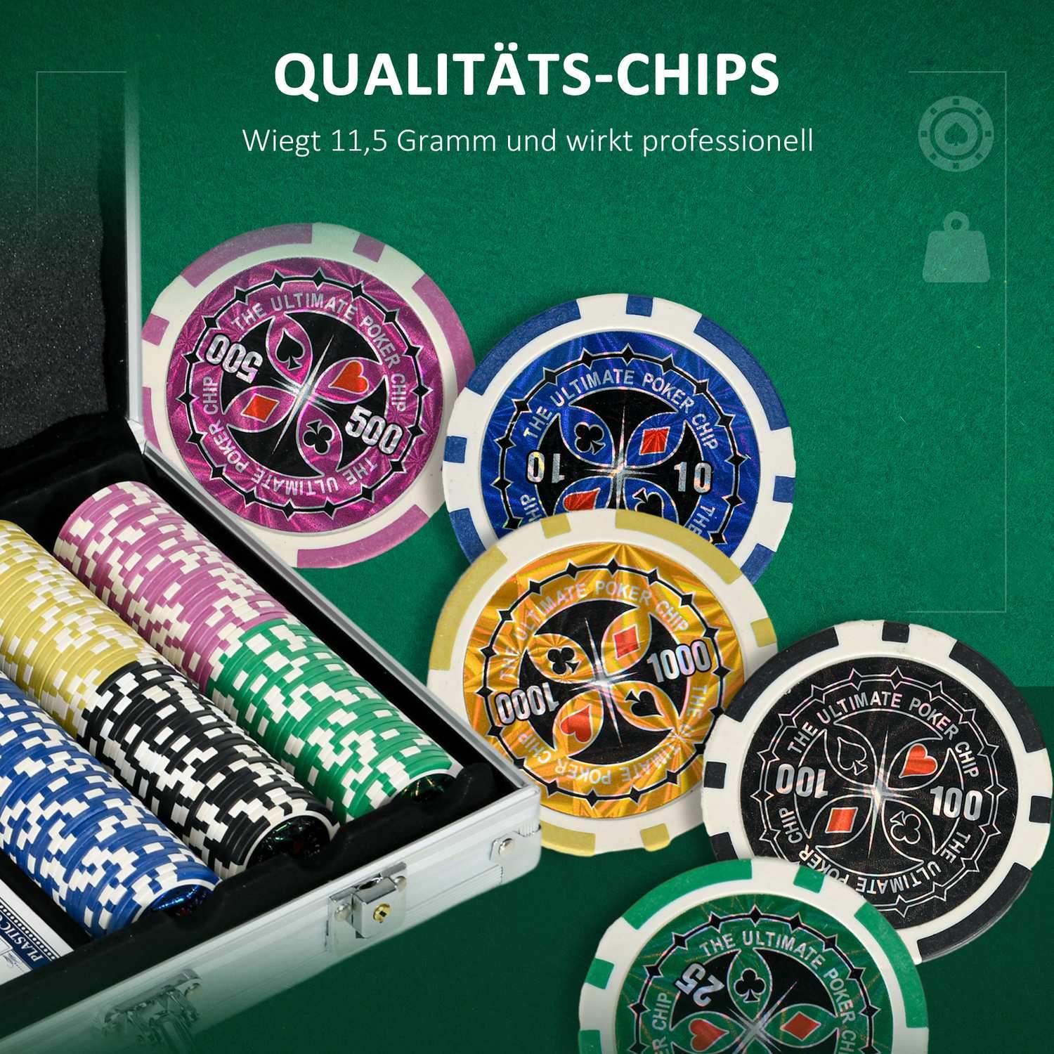 Pokertaskesæt 300 chips 11,5G Komplet pokersæt Lås 2 dæk 5 terninger Blindknapper Sølv