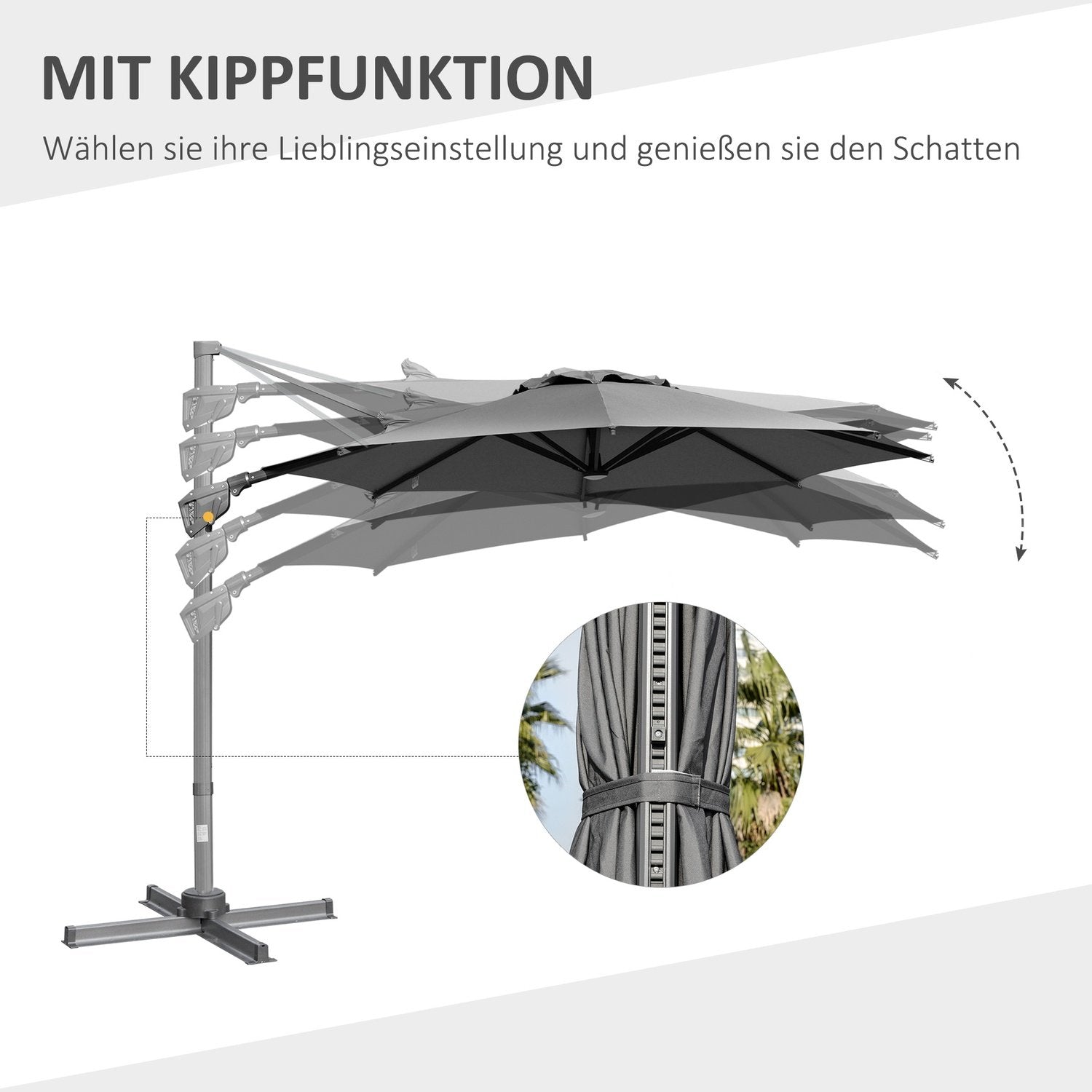 Parasol Ø300 Cm Krankparaply Cantilever Paraply Med Krankenhed Solskærm Aluminium Roma Paraply Vippevinkel Justerbar Mørkegrå