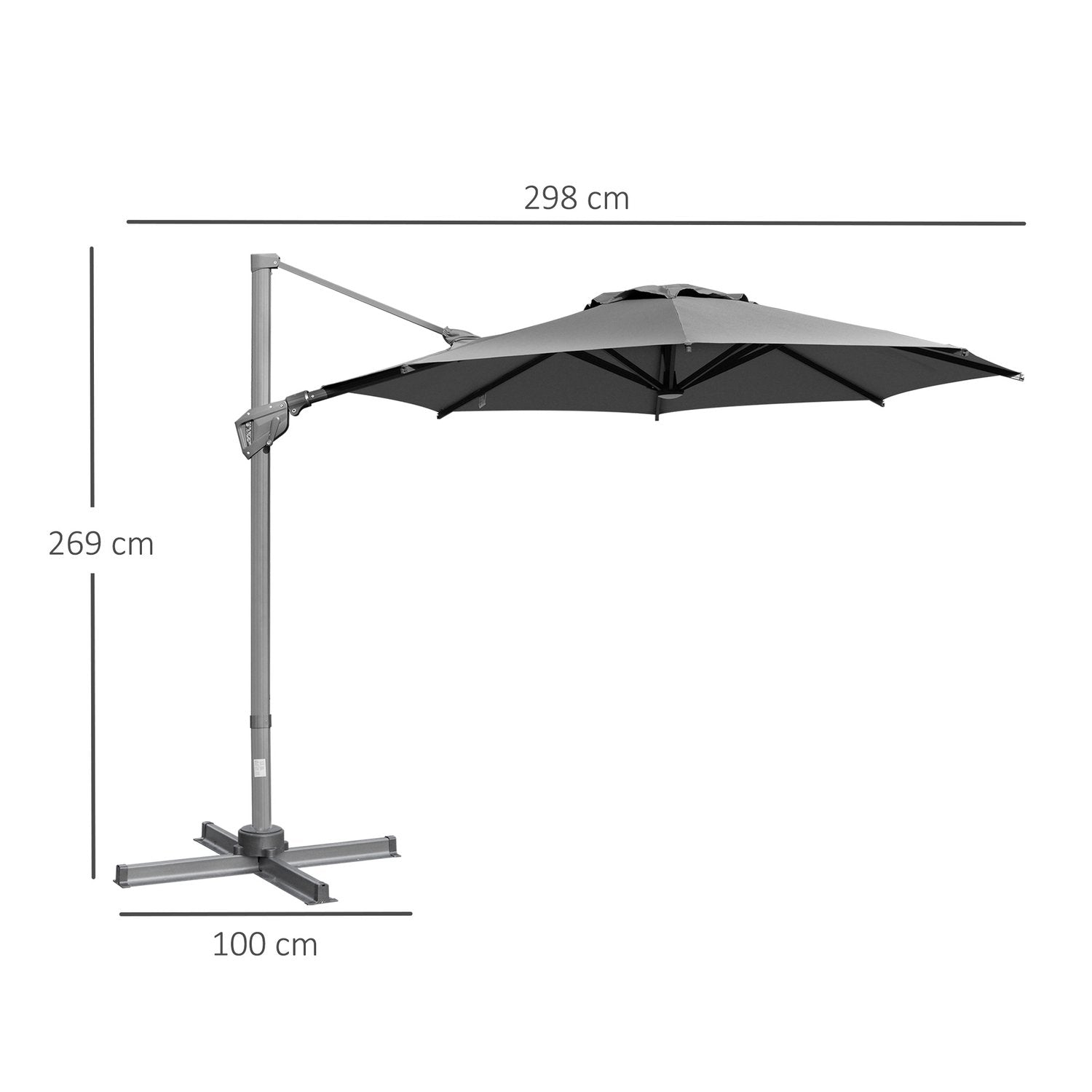 Parasol Ø300 Cm Krankparaply Cantilever Paraply Med Krankenhed Solskærm Aluminium Roma Paraply Vippevinkel Justerbar Mørkegrå