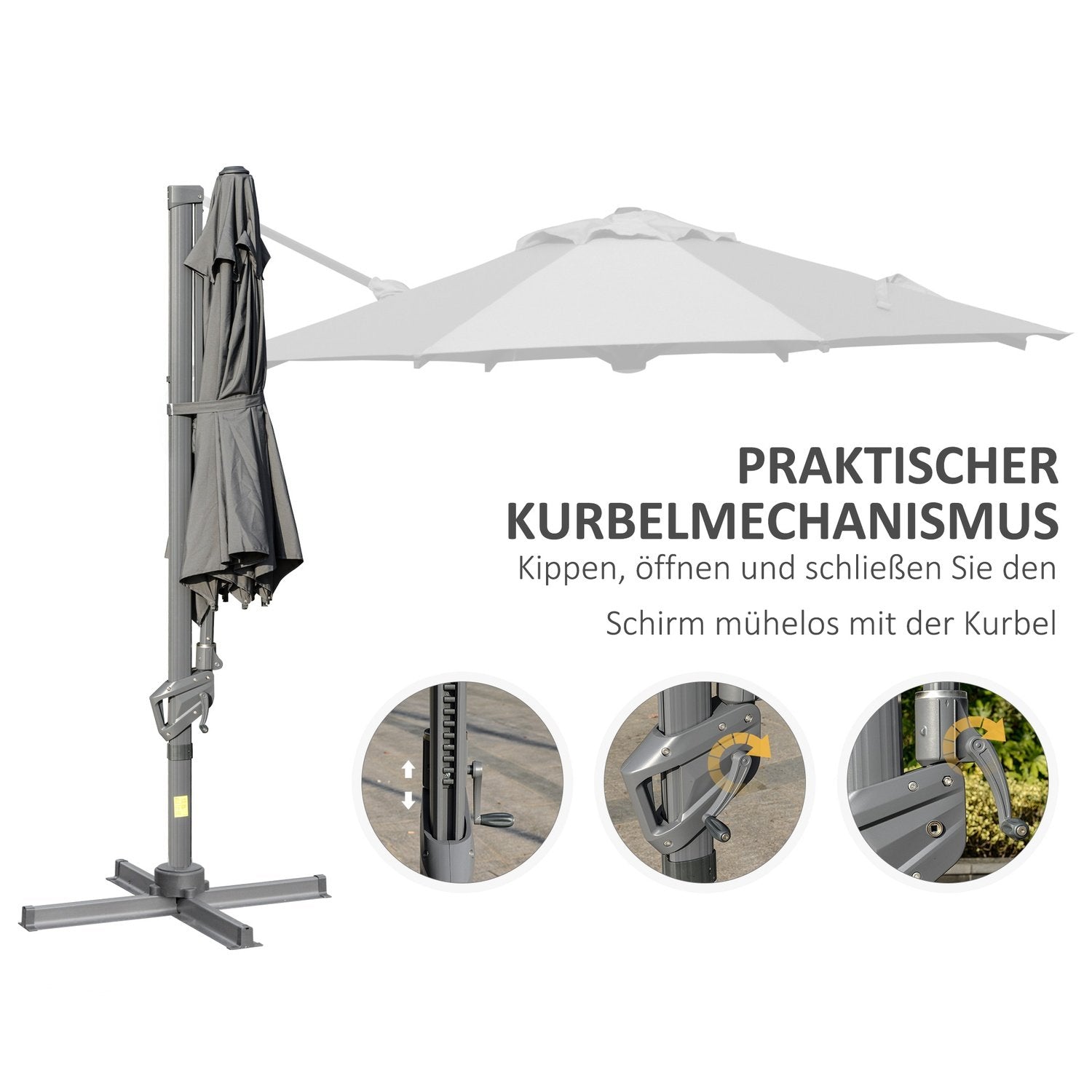 Parasol Ø300 Cm Krankparaply Cantilever Paraply Med Krankenhed Solskærm Aluminium Roma Paraply Vippevinkel Justerbar Mørkegrå