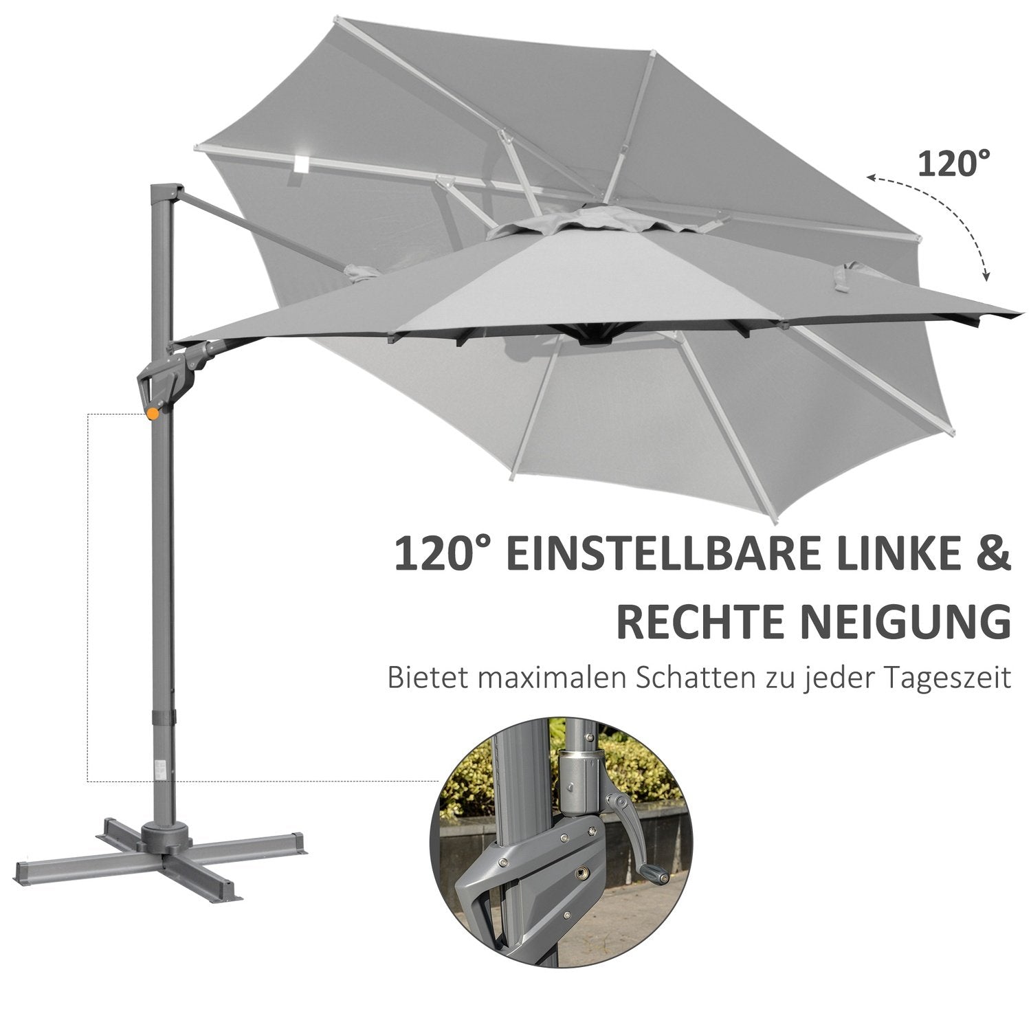 Parasol Ø300 Cm Krankparaply Cantilever Paraply Med Krankenhed Solskærm Aluminium Roma Paraply Vippevinkel Justerbar Mørkegrå