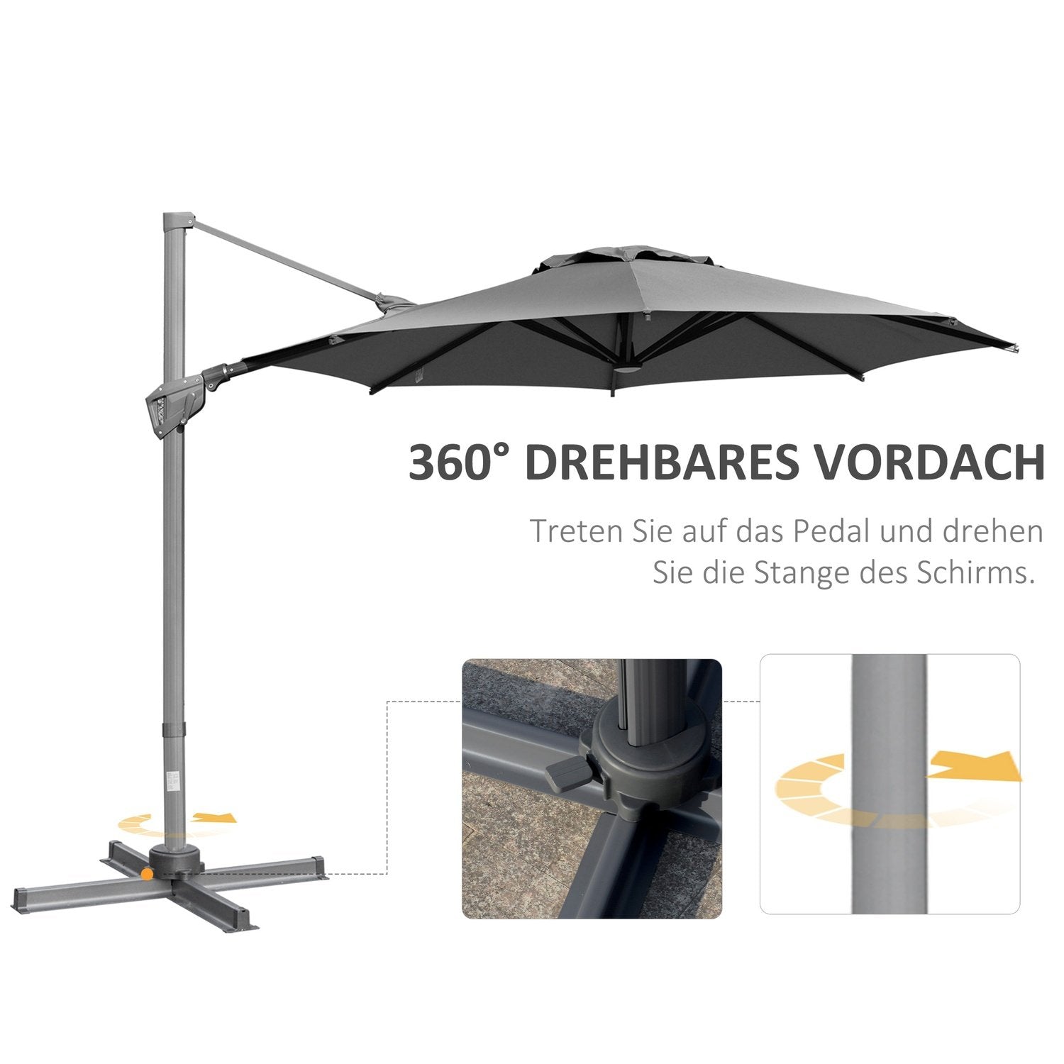 Parasol Ø300 Cm Krankparaply Cantilever Paraply Med Krankenhed Solskærm Aluminium Roma Paraply Vippevinkel Justerbar Mørkegrå