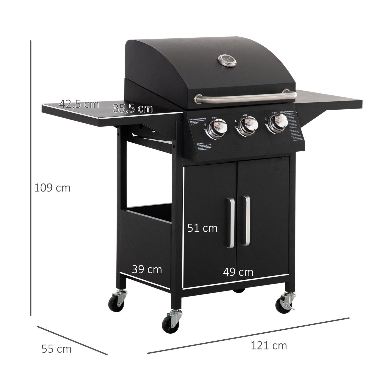 Gasgrill grill med 3 brændere 3 kw hver mobil grillvogn med 4 hjul Grill mesh sidebord Trykreduktionsslanger Stål 121 X 55 X 109 Cm