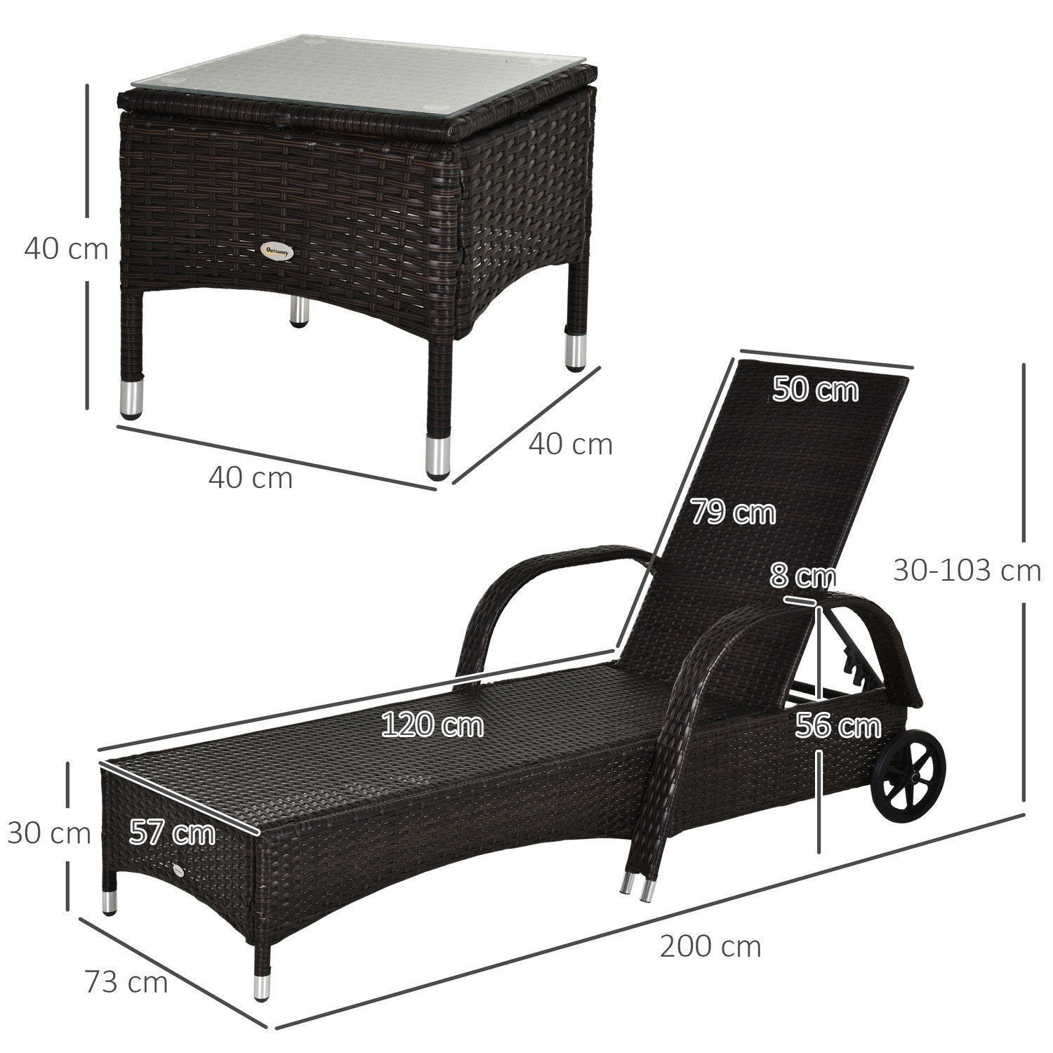 Solstol Trädgård Solstol Bord Set Med 3 Trädgårdsmöbler, Polyrattan + Metall Brun + Krämvit