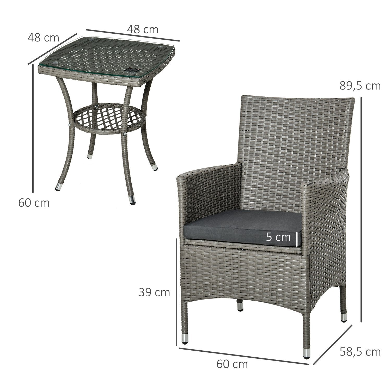 Rattan Havemøbler Med Sidebord Bistro Sæt 3-delt. Altanmøbelsæt Rattan Havesæt Sæder Polyrattan + Stål 60X58,5X89,5 Cm