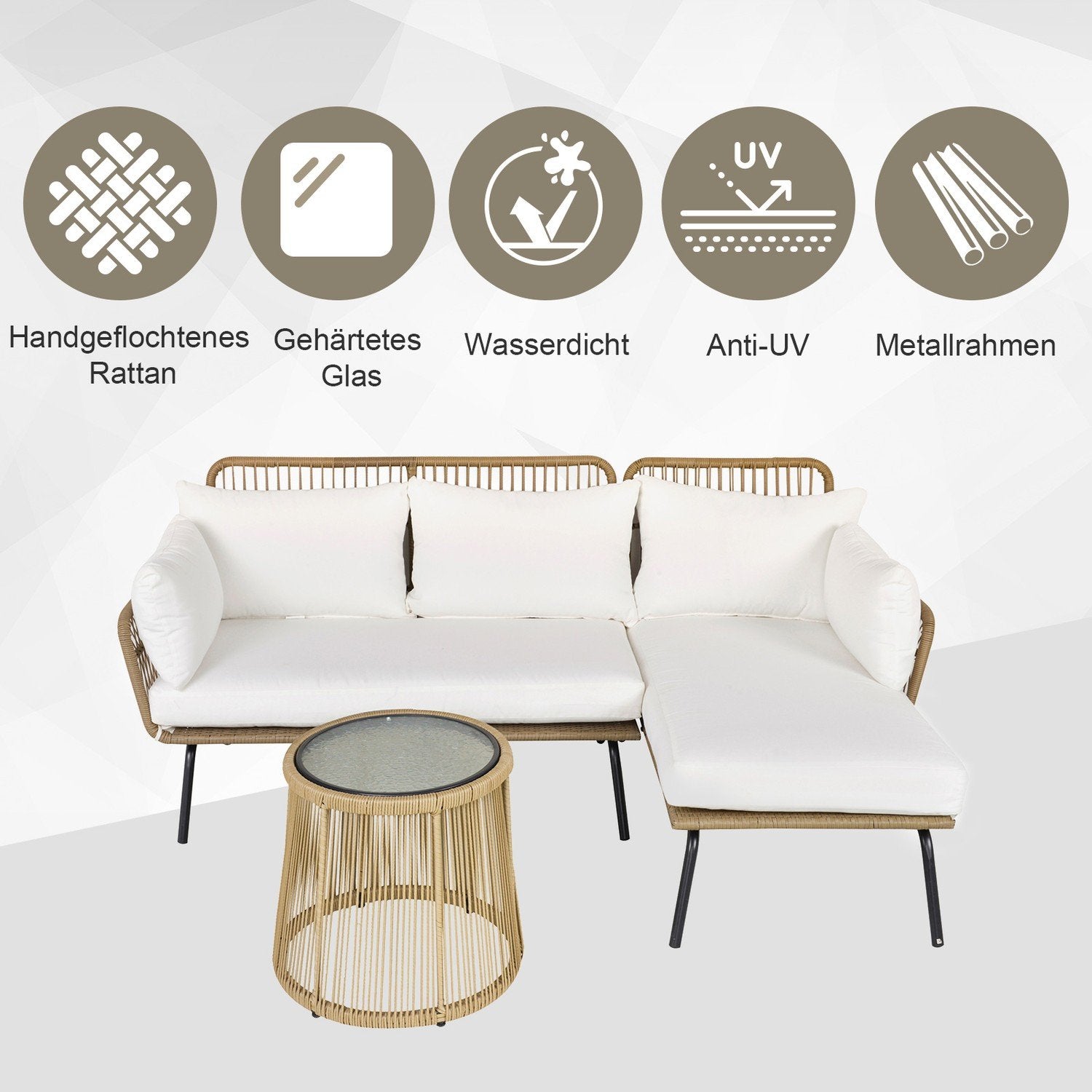 3-delt havemøbler i rattan, 2-personers sofa med chaiselong og sidebord, beige og kaffe