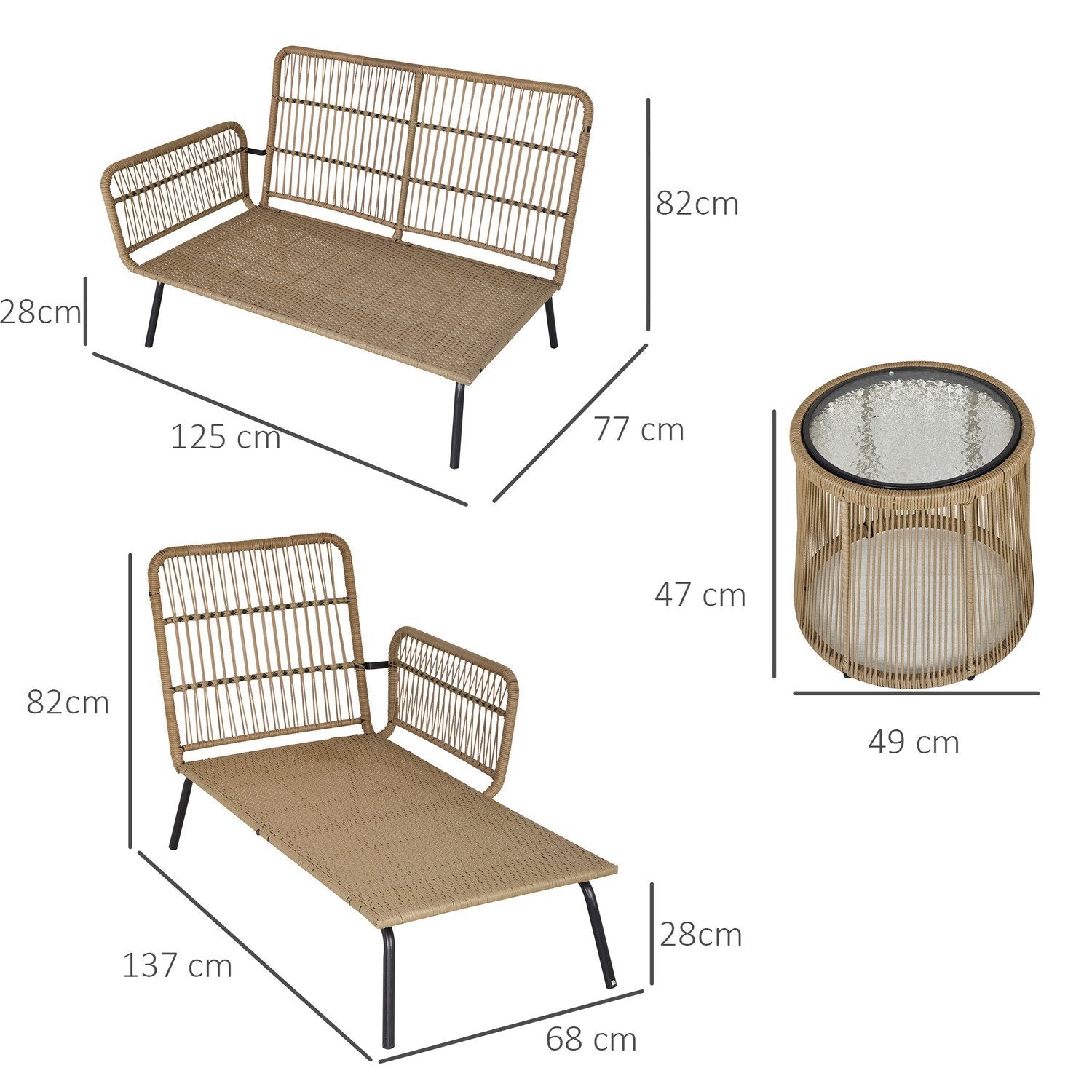 3-delt havemøbler i rattan, 2-personers sofa med chaiselong og sidebord, beige og kaffe