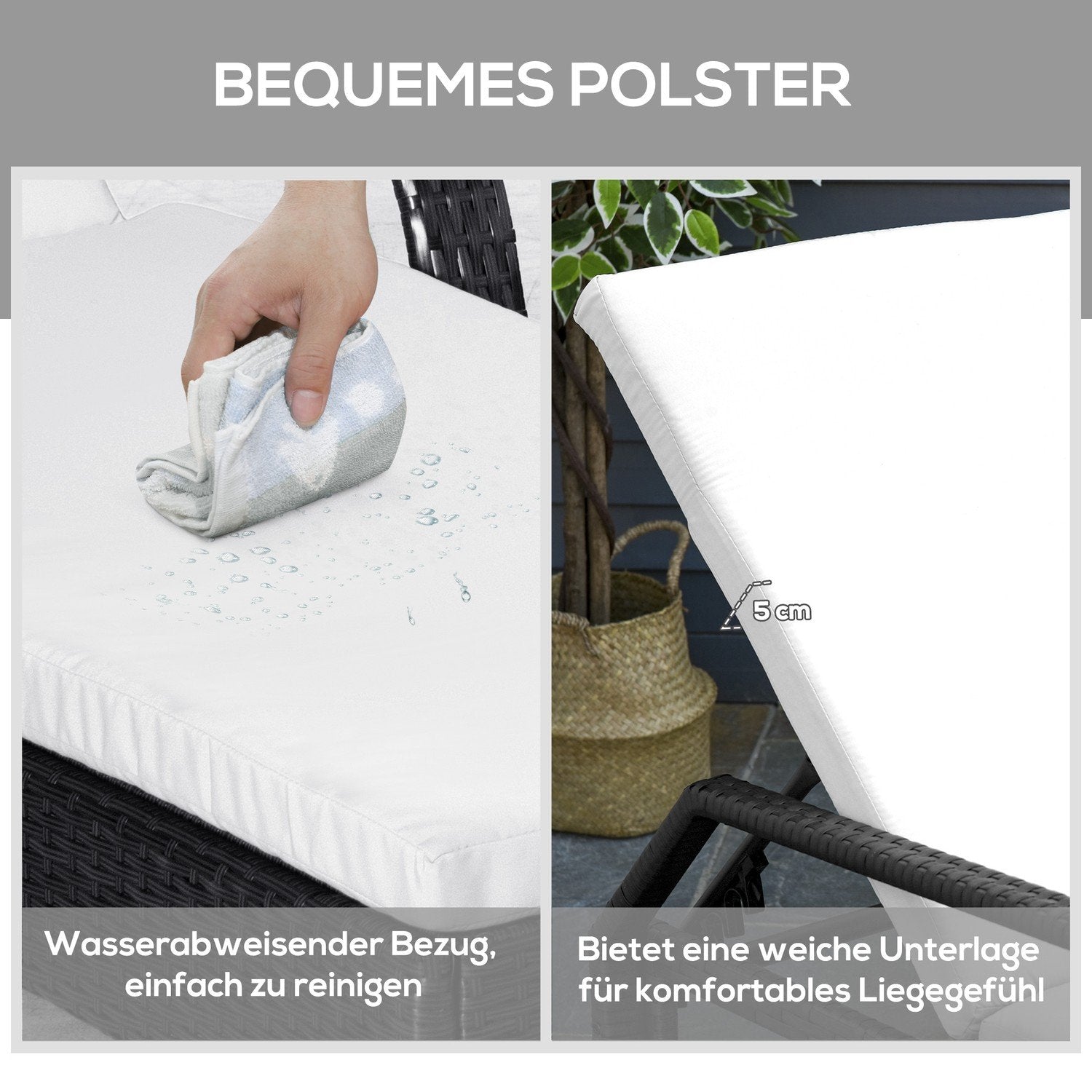 Liggestol Havestolebordsæt med 3 havemøbler, polyrattan + metalsort + cremehvid