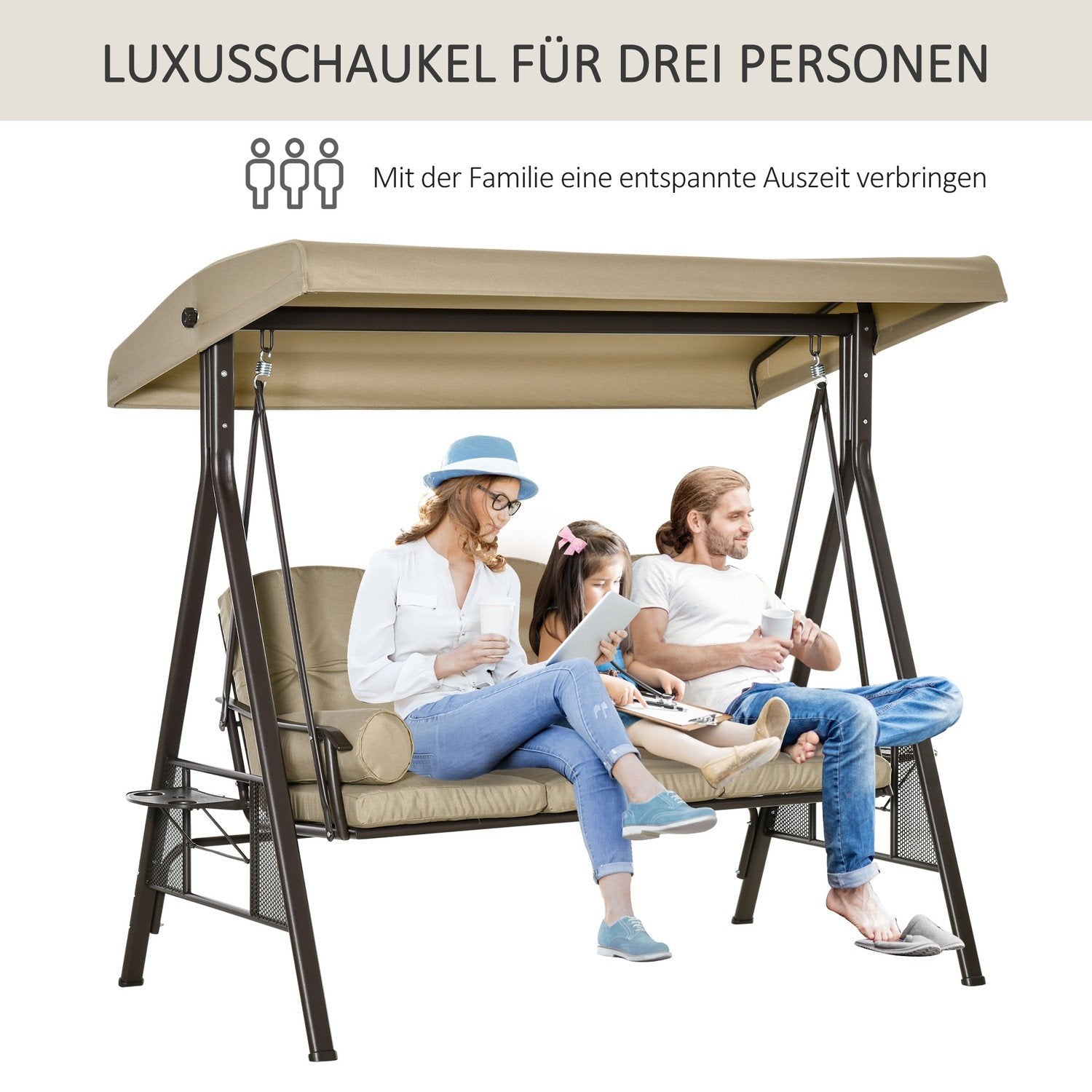 3-sædet Hollywood Gynge Havegynge med solbeskyttelsespude Metal Polyester Khaki 116 X 206 X 183 Cm