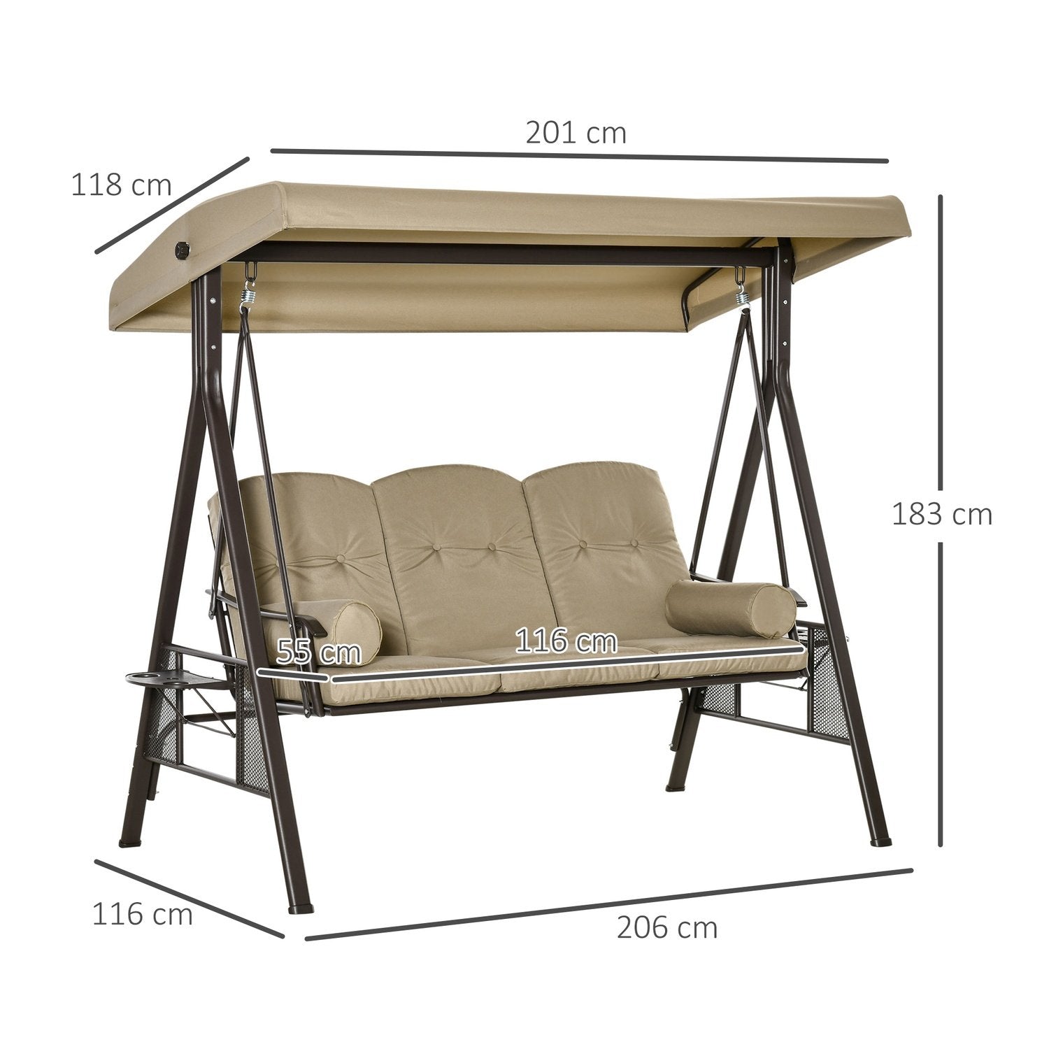 3-sædet Hollywood Gynge Havegynge med solbeskyttelsespude Metal Polyester Khaki 116 X 206 X 183 Cm