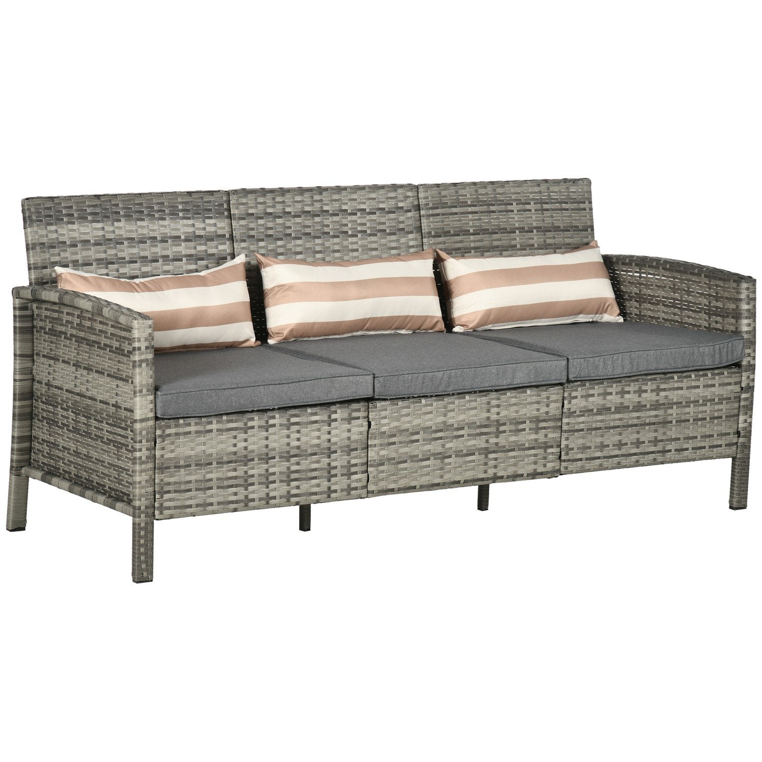 Rattan Trädgård Lounge Soffa Tre Sits Med Kuddar, Stål, Grå, 173 X 68 X 78 Cm