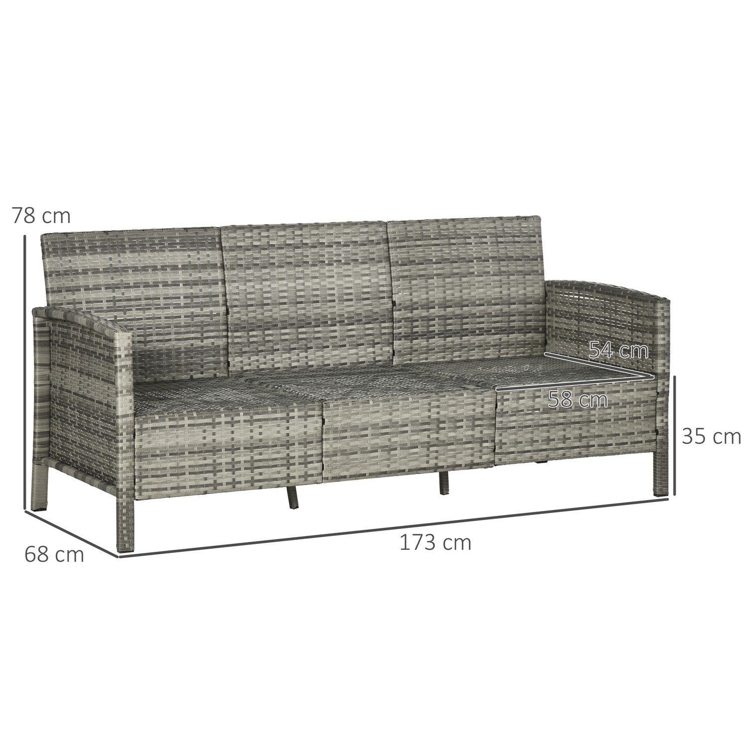 Rattan Trädgård Lounge Soffa Tre Sits Med Kuddar, Stål, Grå, 173 X 68 X 78 Cm