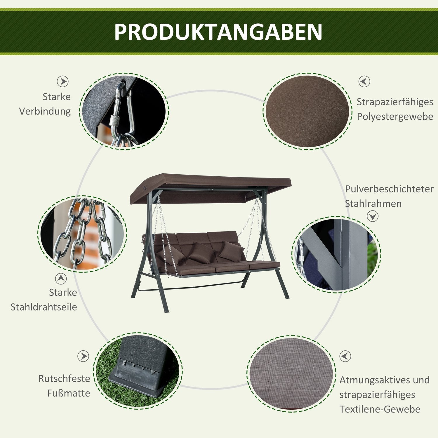 3-sæders verandagynge, gyngebænk med justerbar solskærm, med pude, bæreevne op til 270 kg, metal, tekstlinje, brun