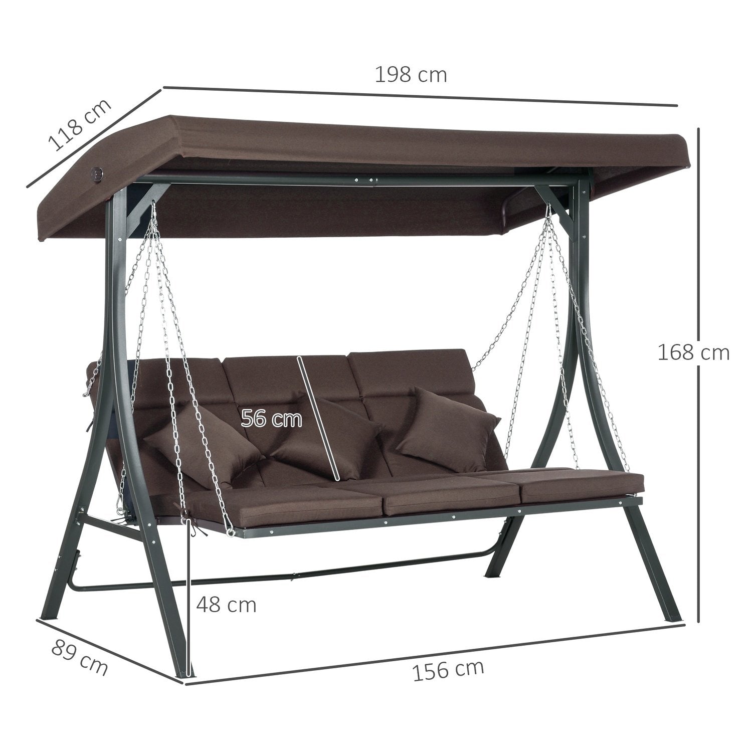 3-sæders verandagynge, gyngebænk med justerbar solskærm, med pude, bæreevne op til 270 kg, metal, tekstlinje, brun