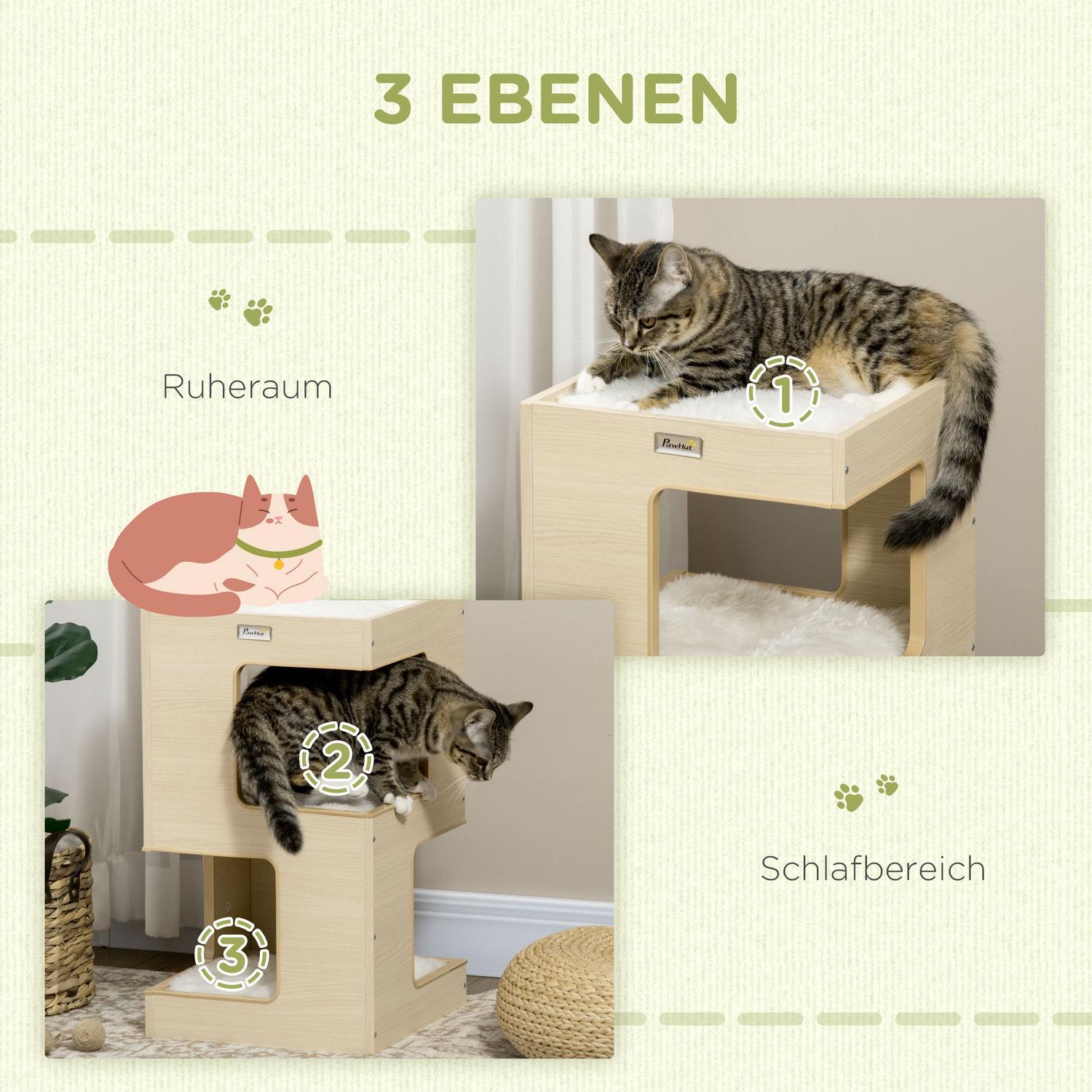 Cat Cave 3-Leder Cat Cabinet Pude Indendørs Kattehus Kattehus Legetøj Eg 34X34X60 Cm