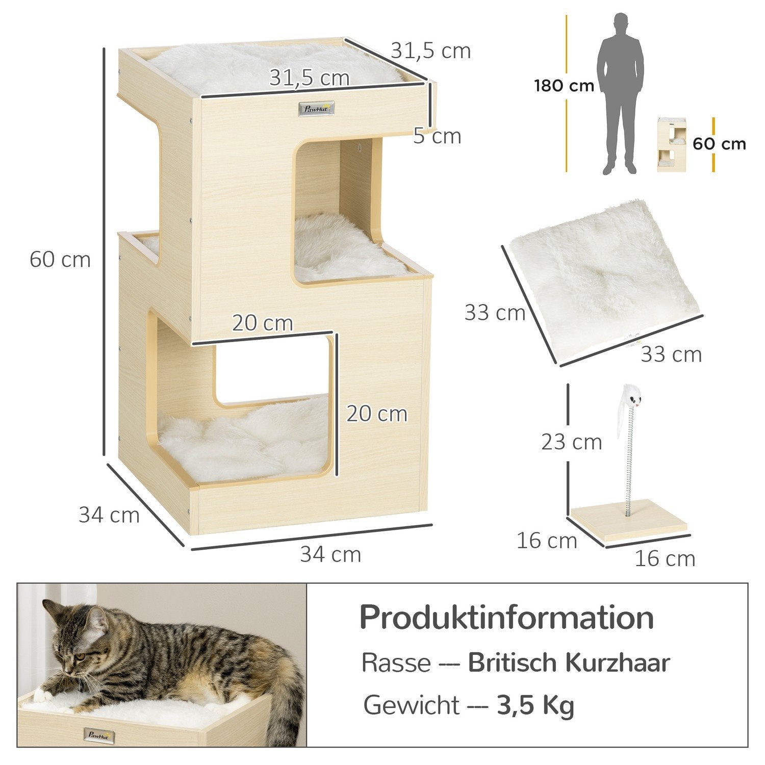 Cat Cave 3-Leder Cat Cabinet Pude Indendørs Kattehus Kattehus Legetøj Eg 34X34X60 Cm