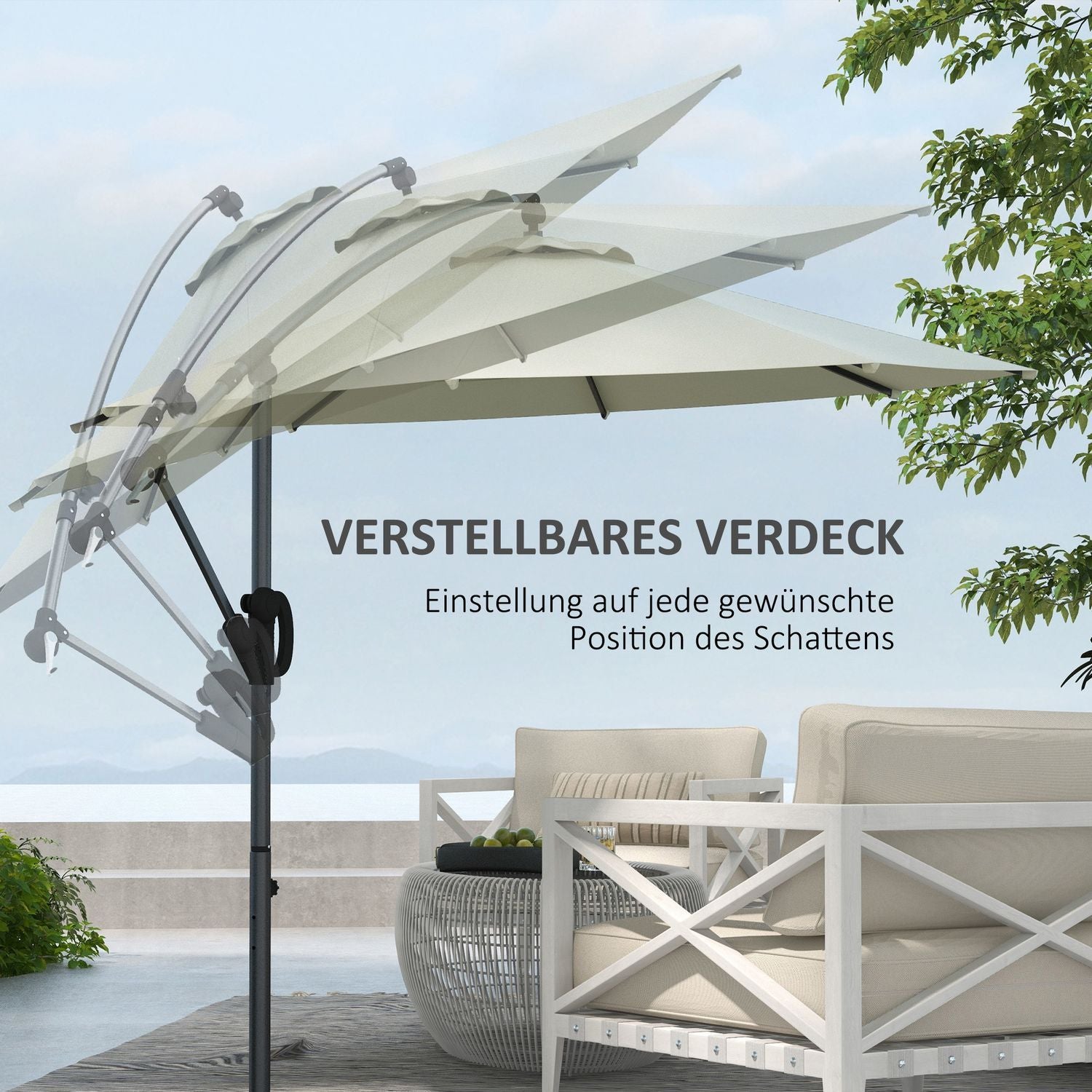 Ø293 Cm Cantilever paraply med krydsben, parasol med håndsving, vip og 8 ribben, hængende terrasse paraply, creme