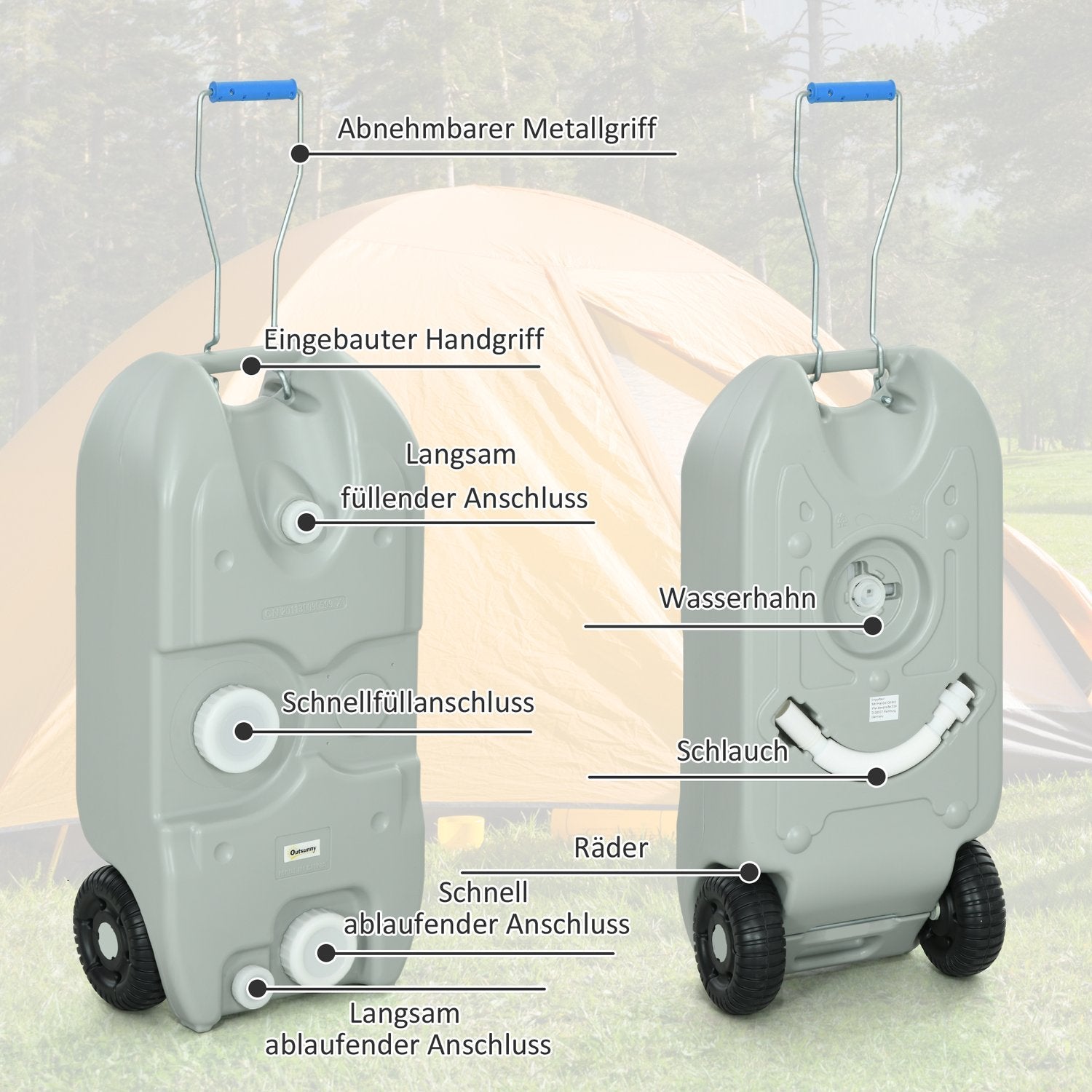 40 L spildevandstank, spildevandstank, RV rulletank med håndtag, vandtank, campingvandtank med vandhane, bærbar multifunktionstank