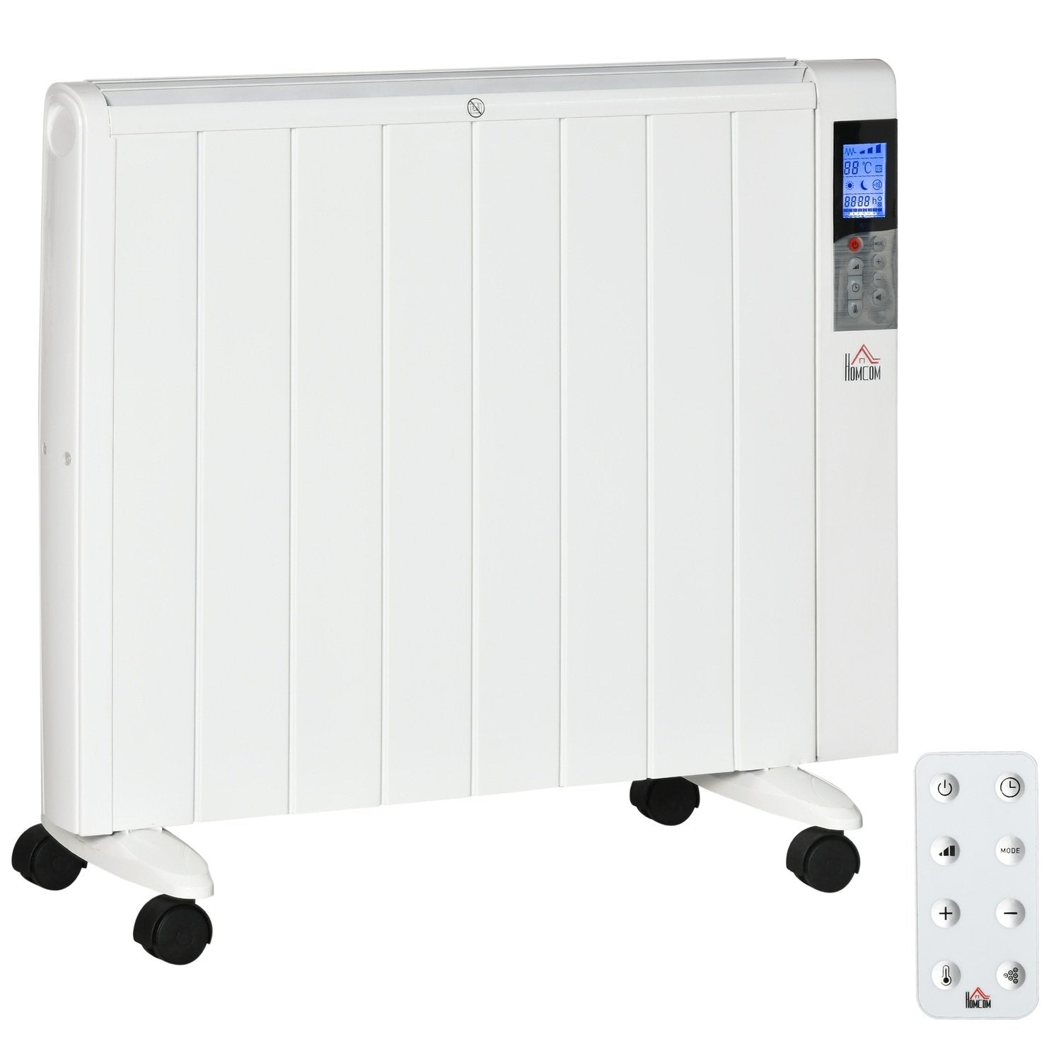 4-mode radiator med lcd-skærm 2000W elektrisk varmelegeme 2 niveauer 5-35℃, fjernbetjening, hjul og dæksel til 15 m² rum 75 x 7,5 x 58,5 cm