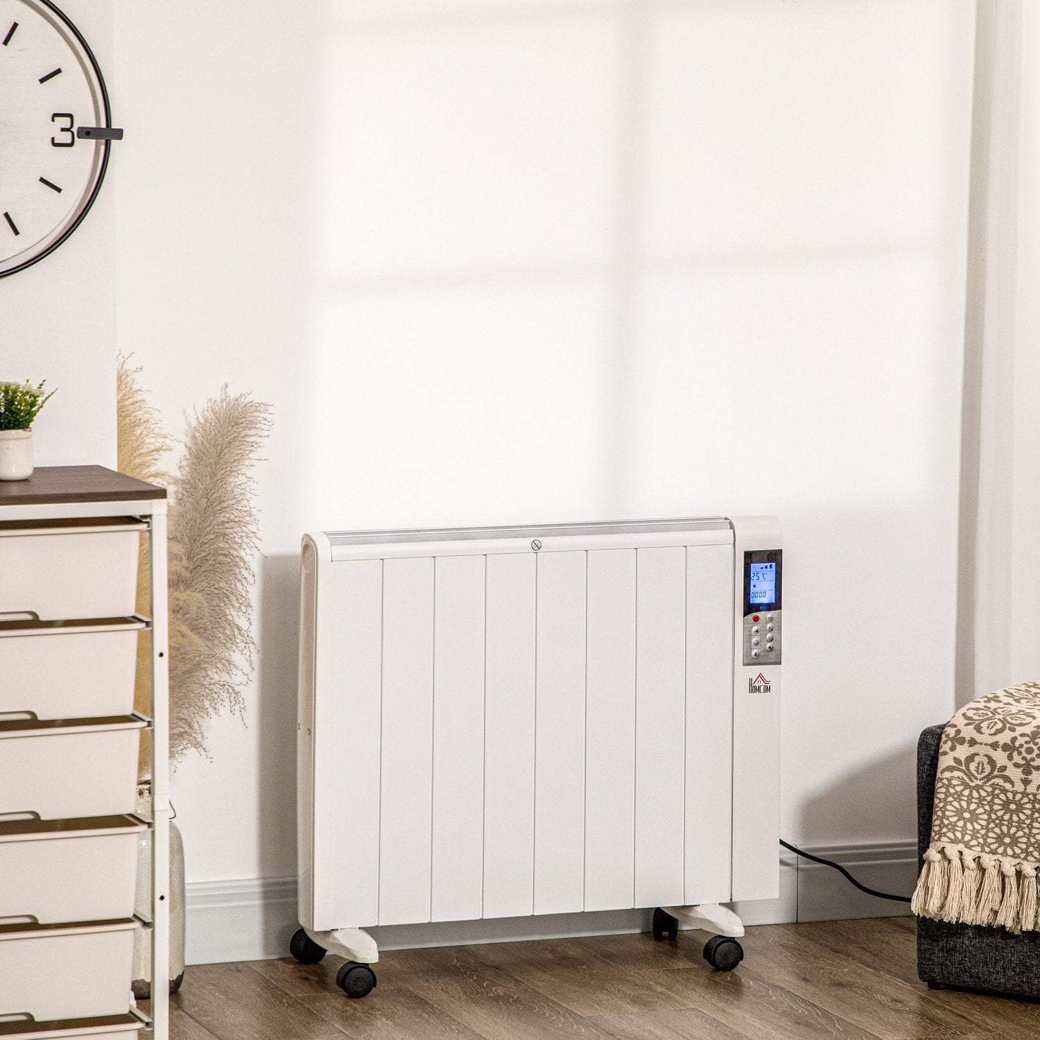 4-mode radiator med lcd-skærm 2000W elektrisk varmelegeme 2 niveauer 5-35℃, fjernbetjening, hjul og dæksel til 15 m² rum 75 x 7,5 x 58,5 cm