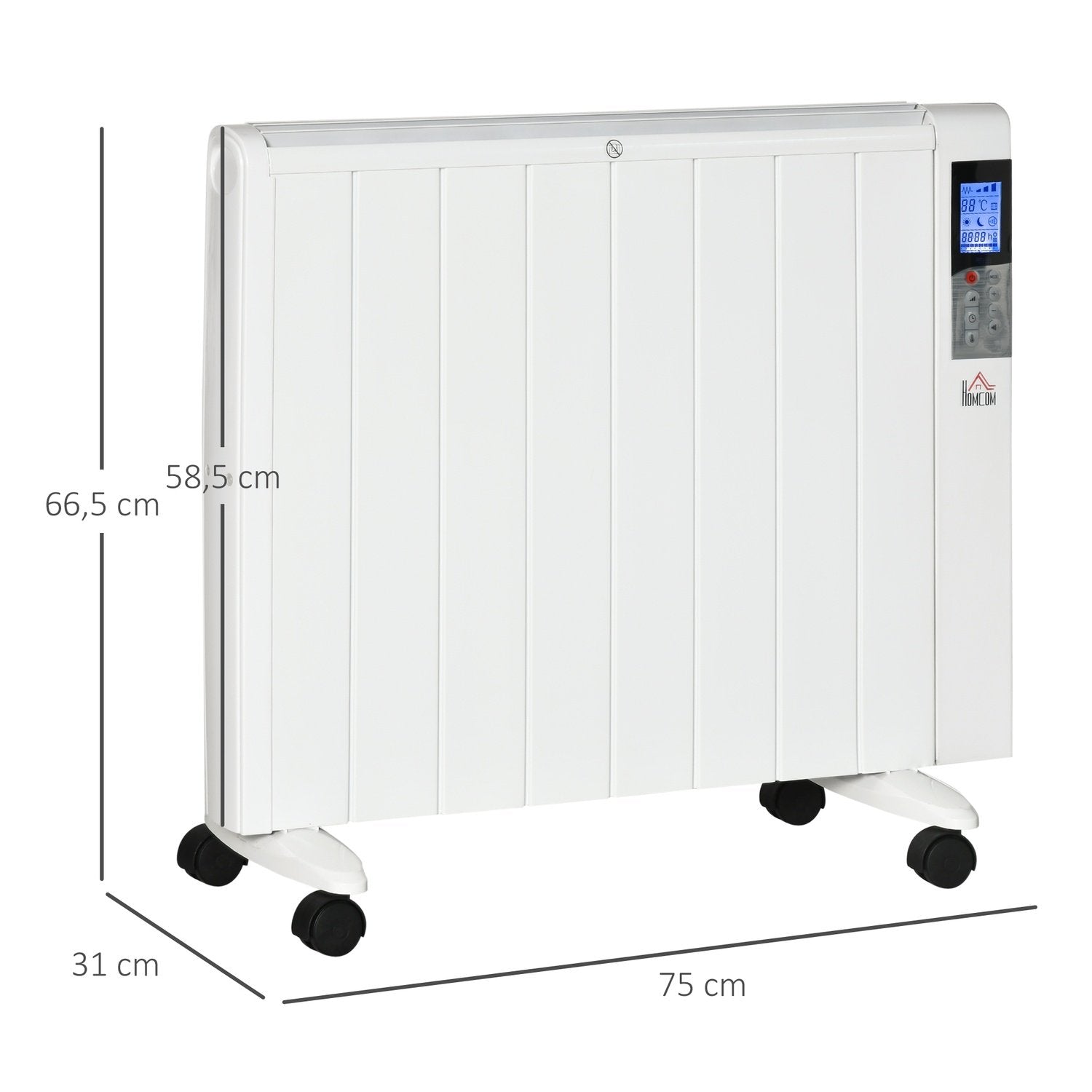 4-mode radiator med lcd-skærm 2000W elektrisk varmelegeme 2 niveauer 5-35℃, fjernbetjening, hjul og dæksel til 15 m² rum 75 x 7,5 x 58,5 cm