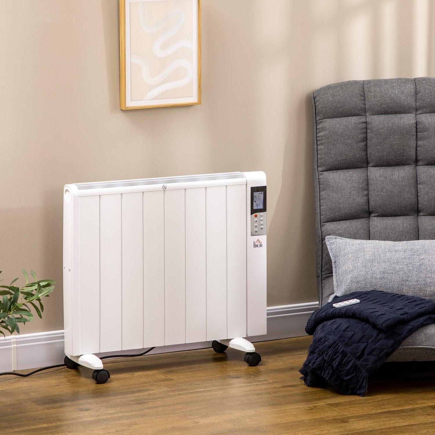 4-mode radiator med lcd-skærm 2000W elektrisk varmelegeme 2 niveauer 5-35℃, fjernbetjening, hjul og dæksel til 15 m² rum 75 x 7,5 x 58,5 cm