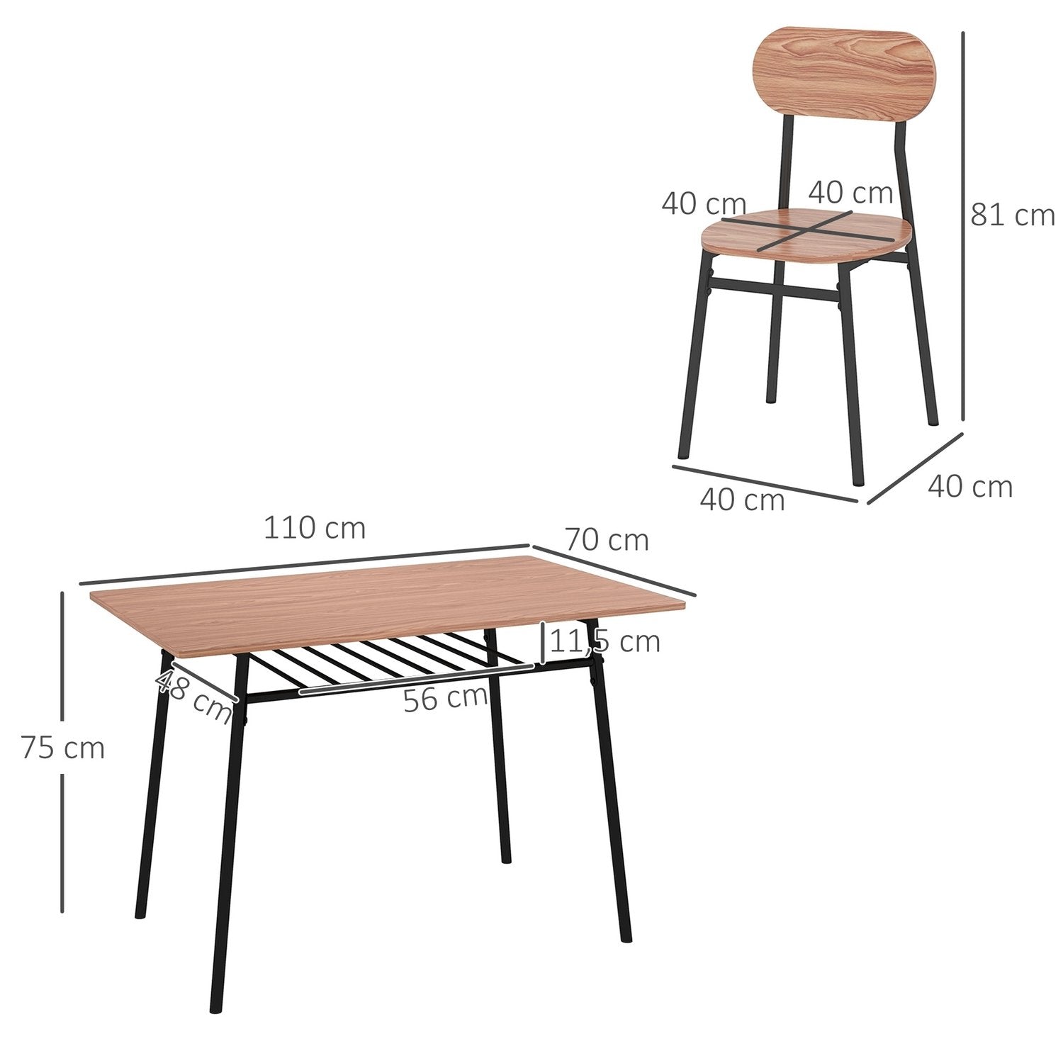 Sæt med spisebord og 4 stole, køkkenbord med hylde, teak, stål, spisestuemøbler