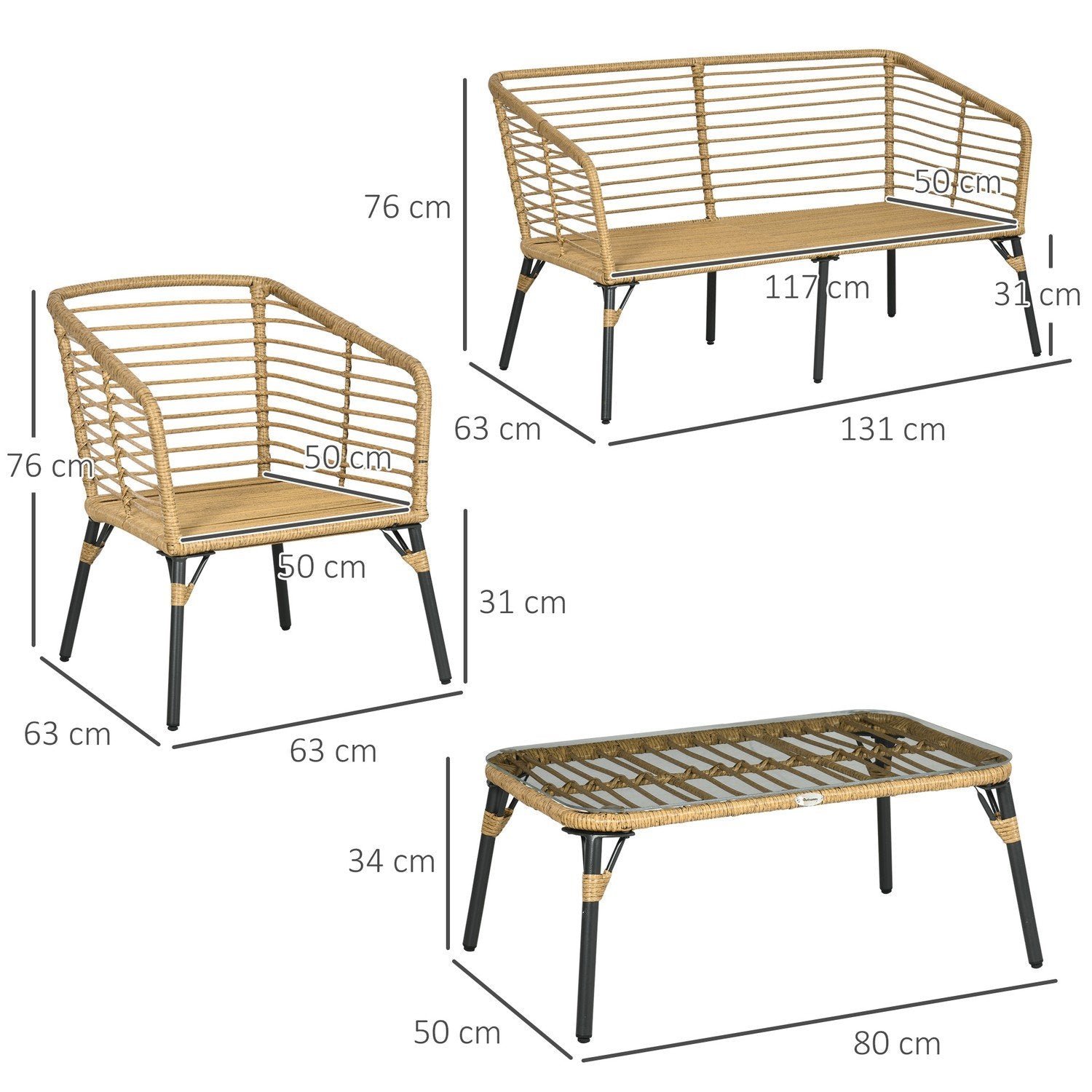 4-delt havemøbelsæt, siddeområde i rattan med hynder, siddeområde med 3 lænestole, 1 sofabord, balkonmøbler i Boho-stil til 4 personer, sand + mørkegrå