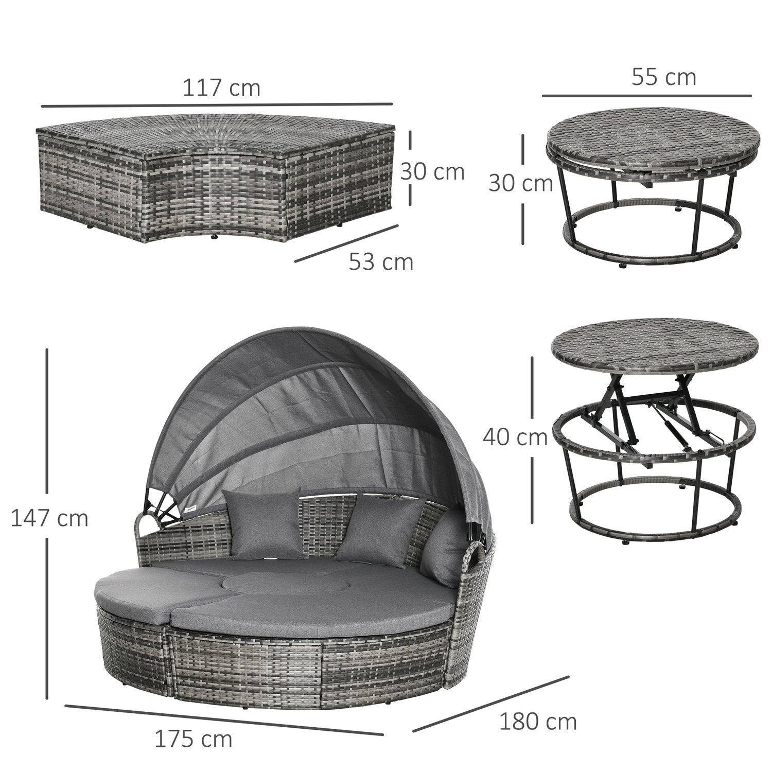 Sun Island Rattan Lounge Gruppe Med Soltag Siddegruppe Med Hynder Og Sidebord Højde Justerbar Metal Grå 175X180X147Cm